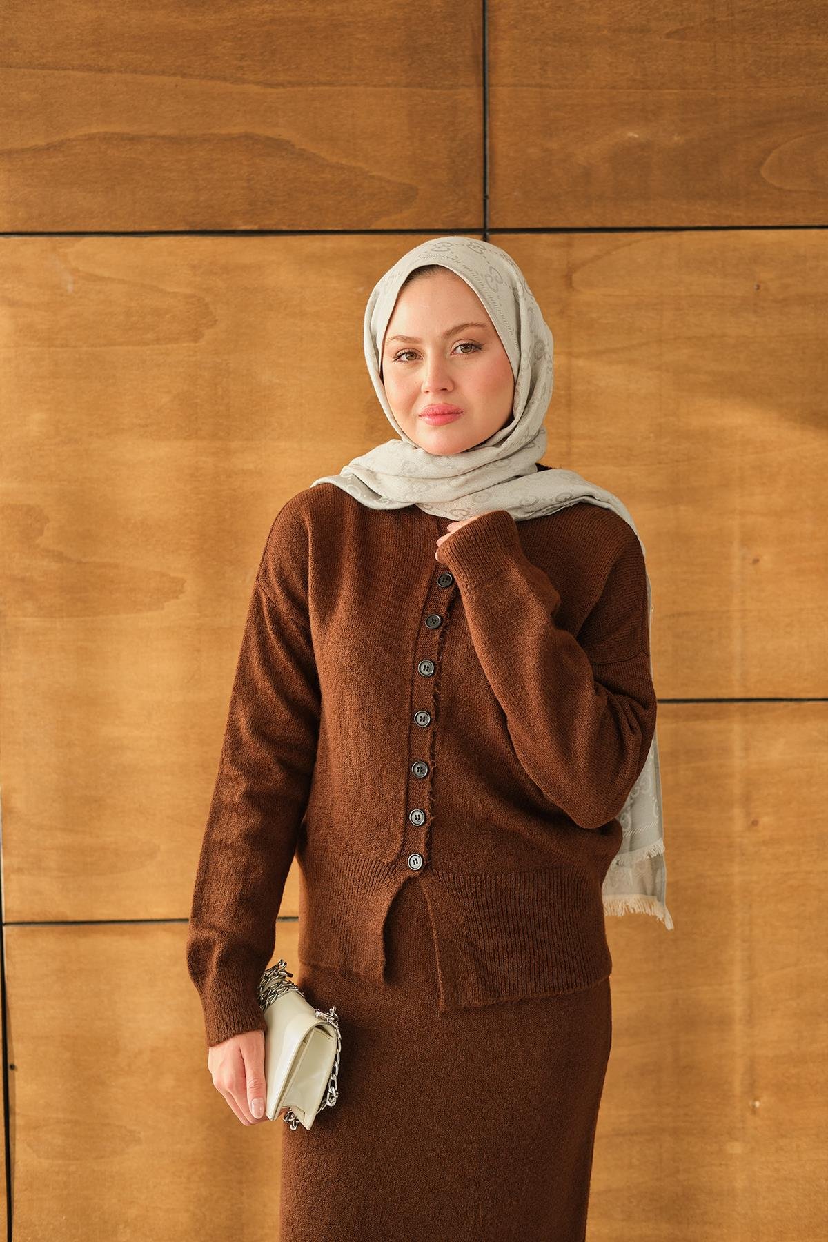 Düğme Detaylı Etekli İkili Takım Kahverengi