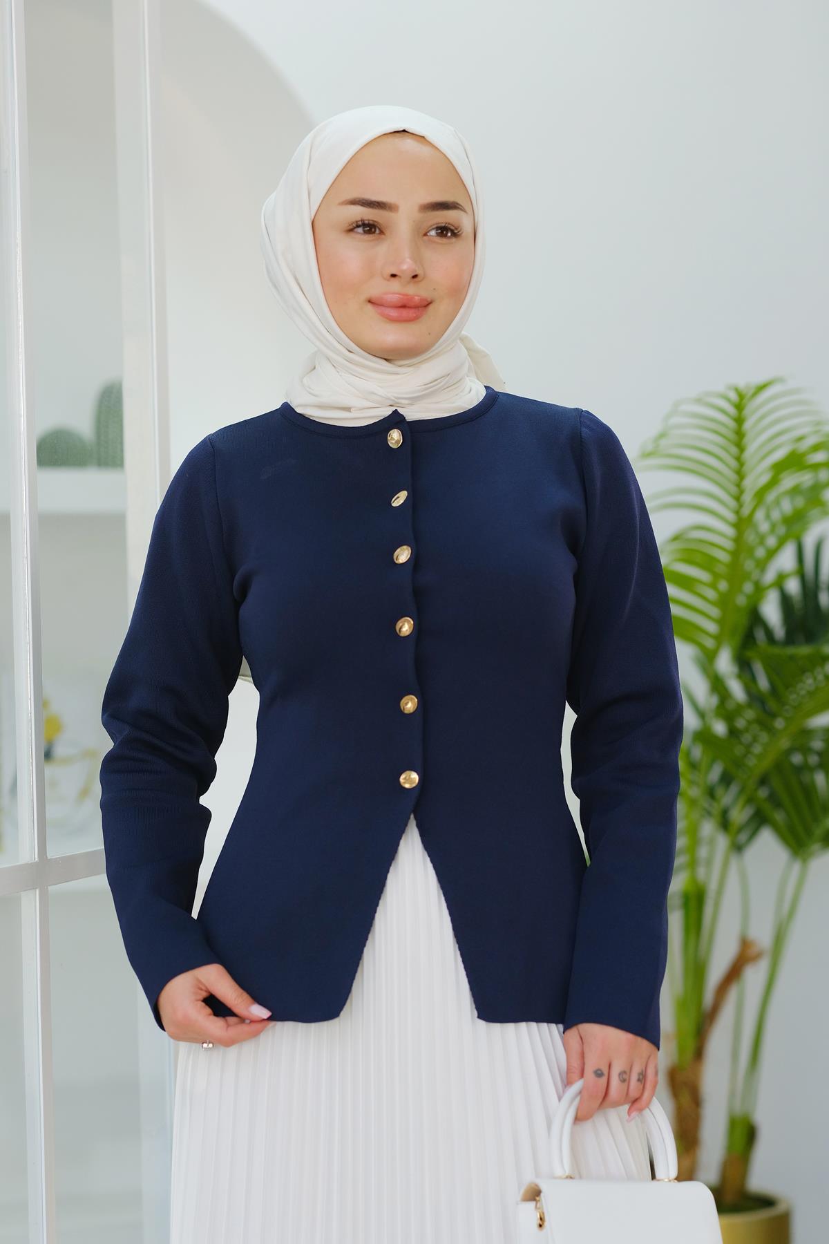 Düğme Detaylı Hırka Lacivert