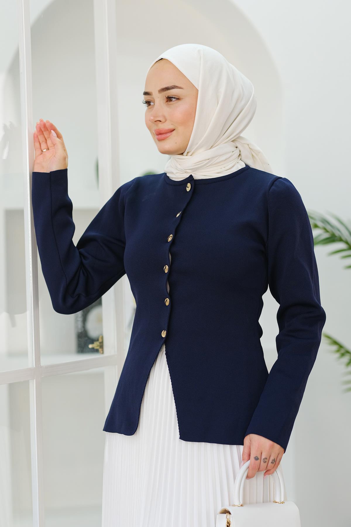 Düğme Detaylı Hırka Lacivert
