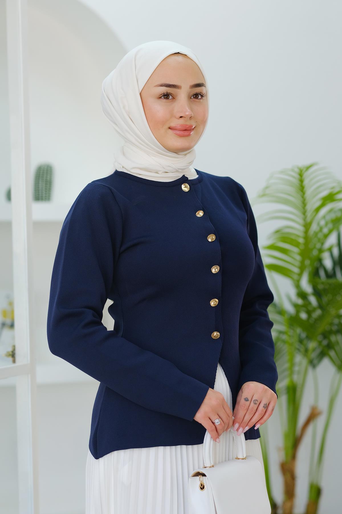 Düğme Detaylı Hırka Lacivert