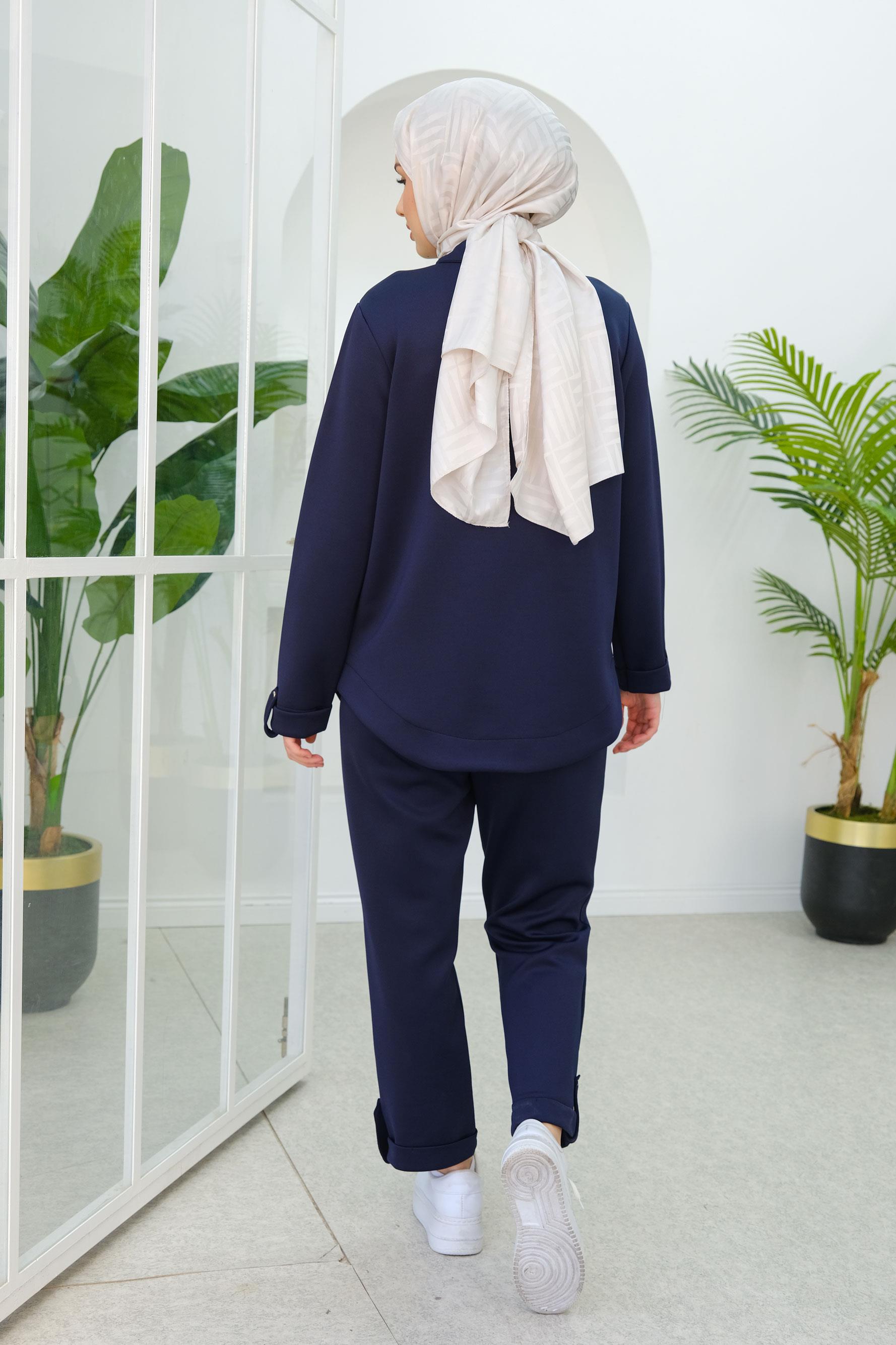 Düğme Detaylı Oval Kesim İkili Takım Lacivert