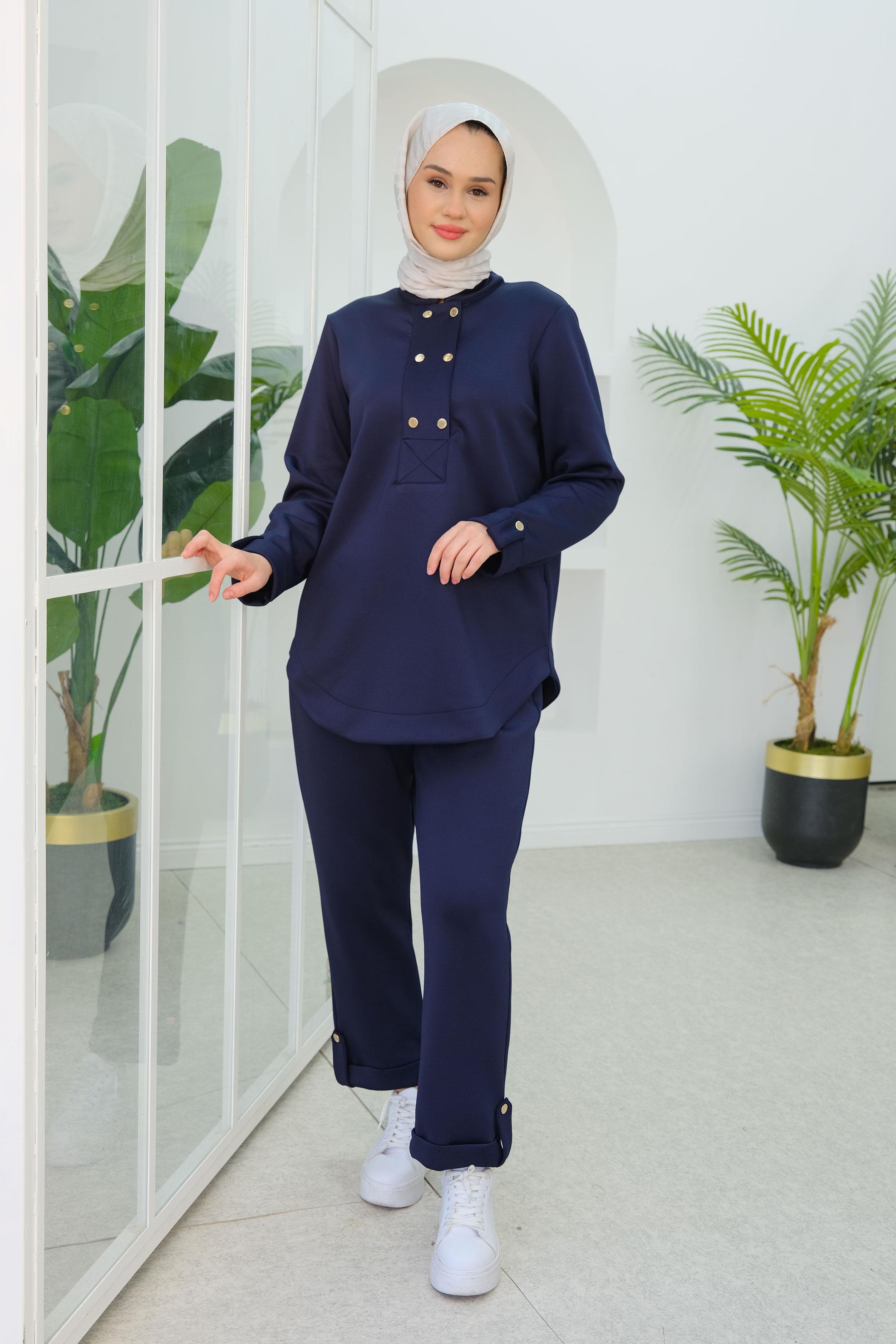 Düğme Detaylı Oval Kesim İkili Takım Lacivert