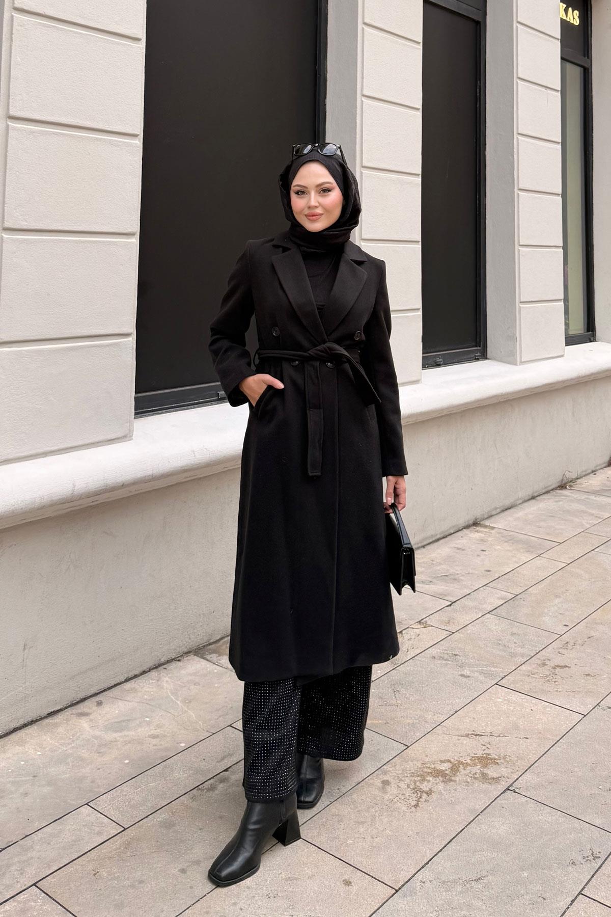 Düğme Ve Bel Bağlamalı Ara Boy Kaşe Kaban Siyah