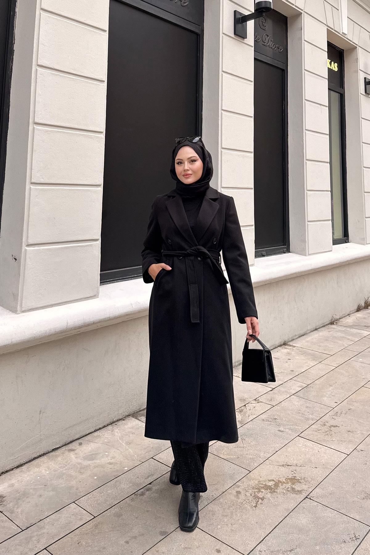 Düğme Ve Bel Bağlamalı Ara Boy Kaşe Kaban Siyah