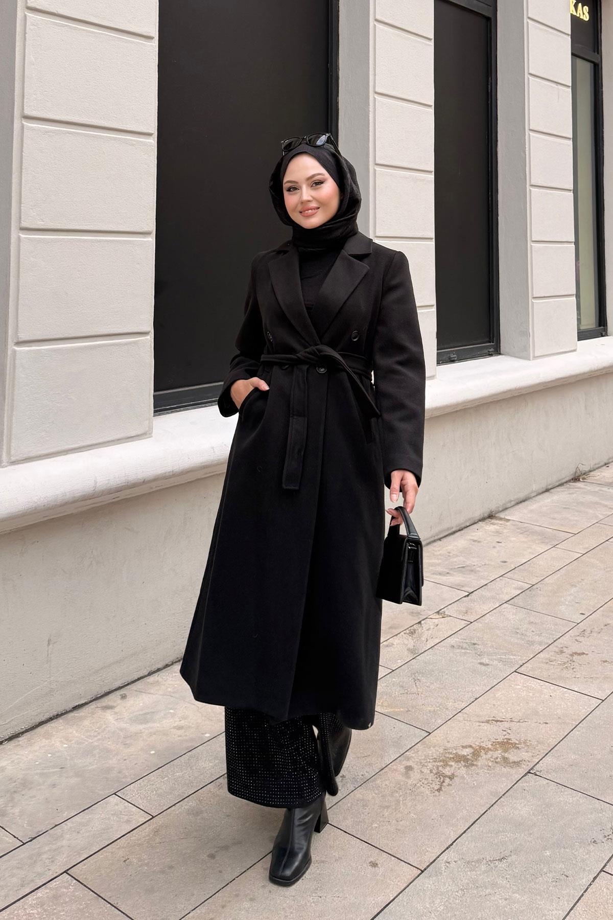 Düğme Ve Bel Bağlamalı Ara Boy Kaşe Kaban Siyah