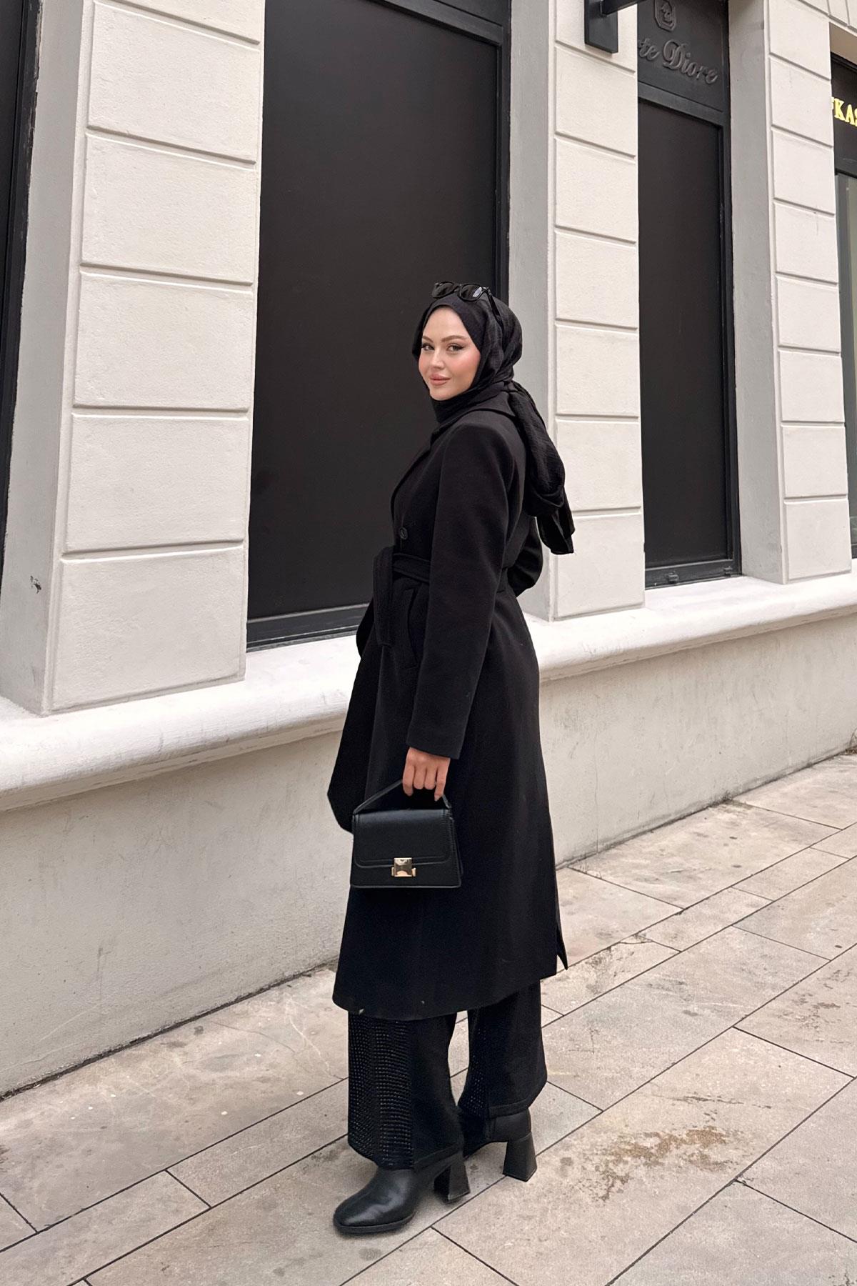 Düğme Ve Bel Bağlamalı Ara Boy Kaşe Kaban Siyah