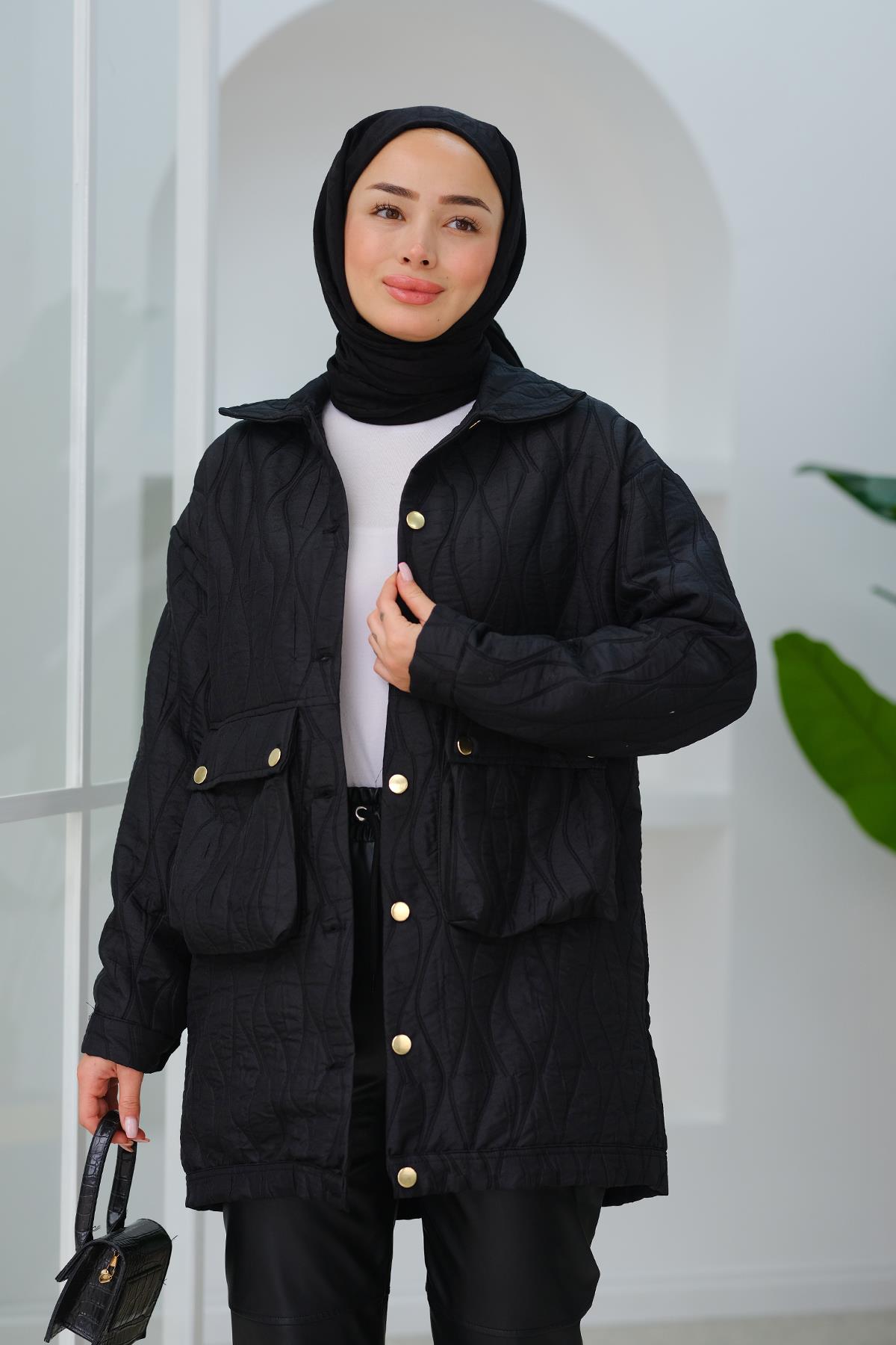 Düğmeli Dalga Desen Mont Siyah