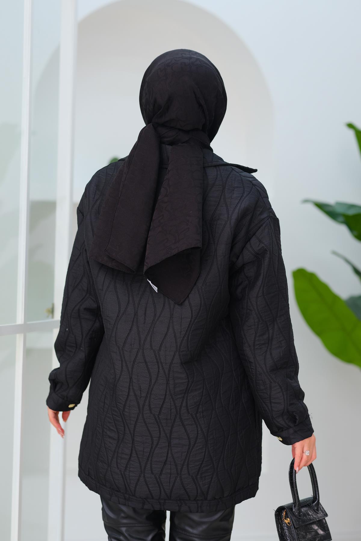 Düğmeli Dalga Desen Mont Siyah