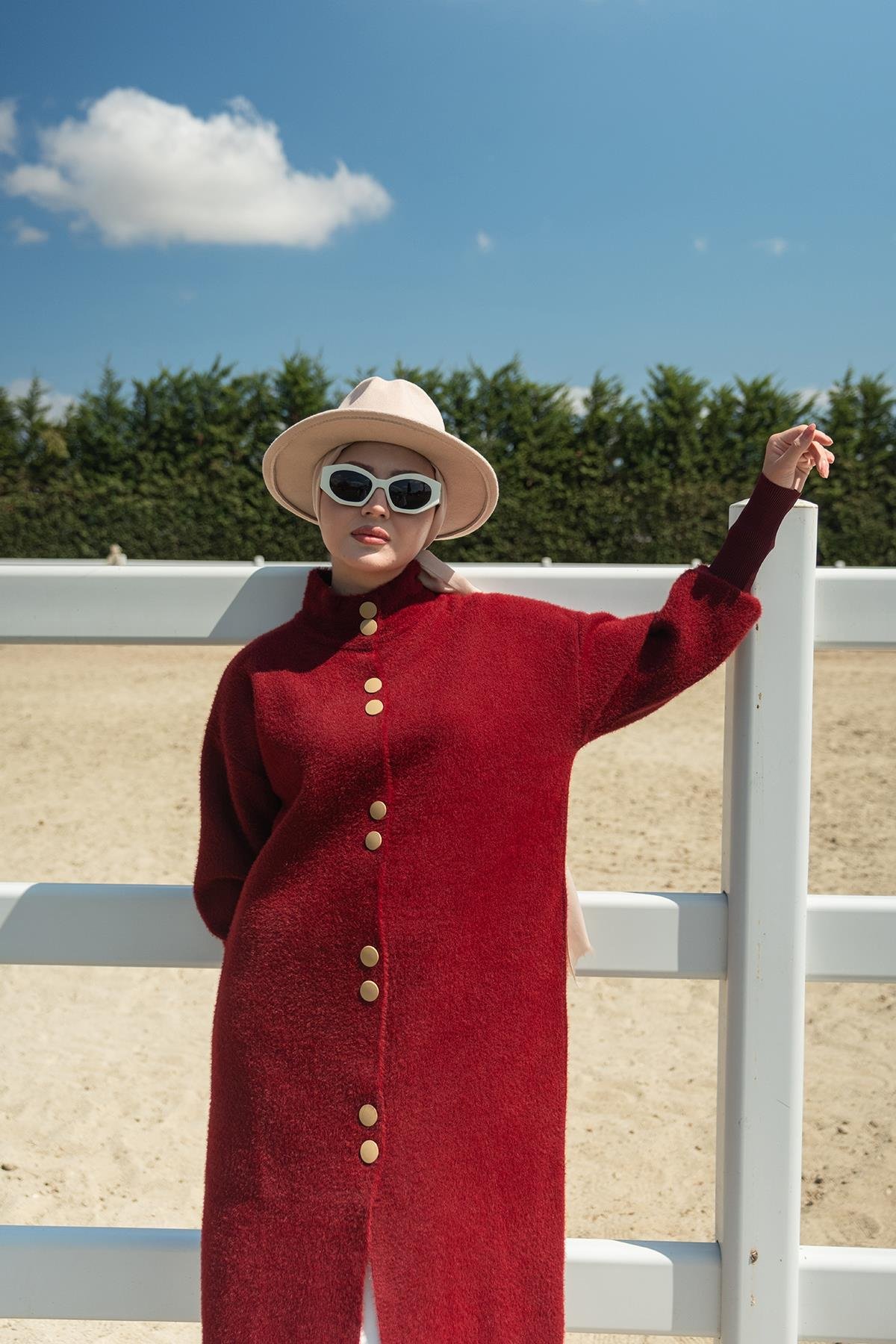 Düğmeli Triko Ceket Bordo