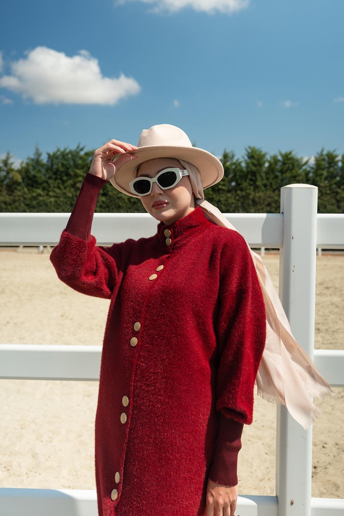 Düğmeli Triko Ceket Bordo