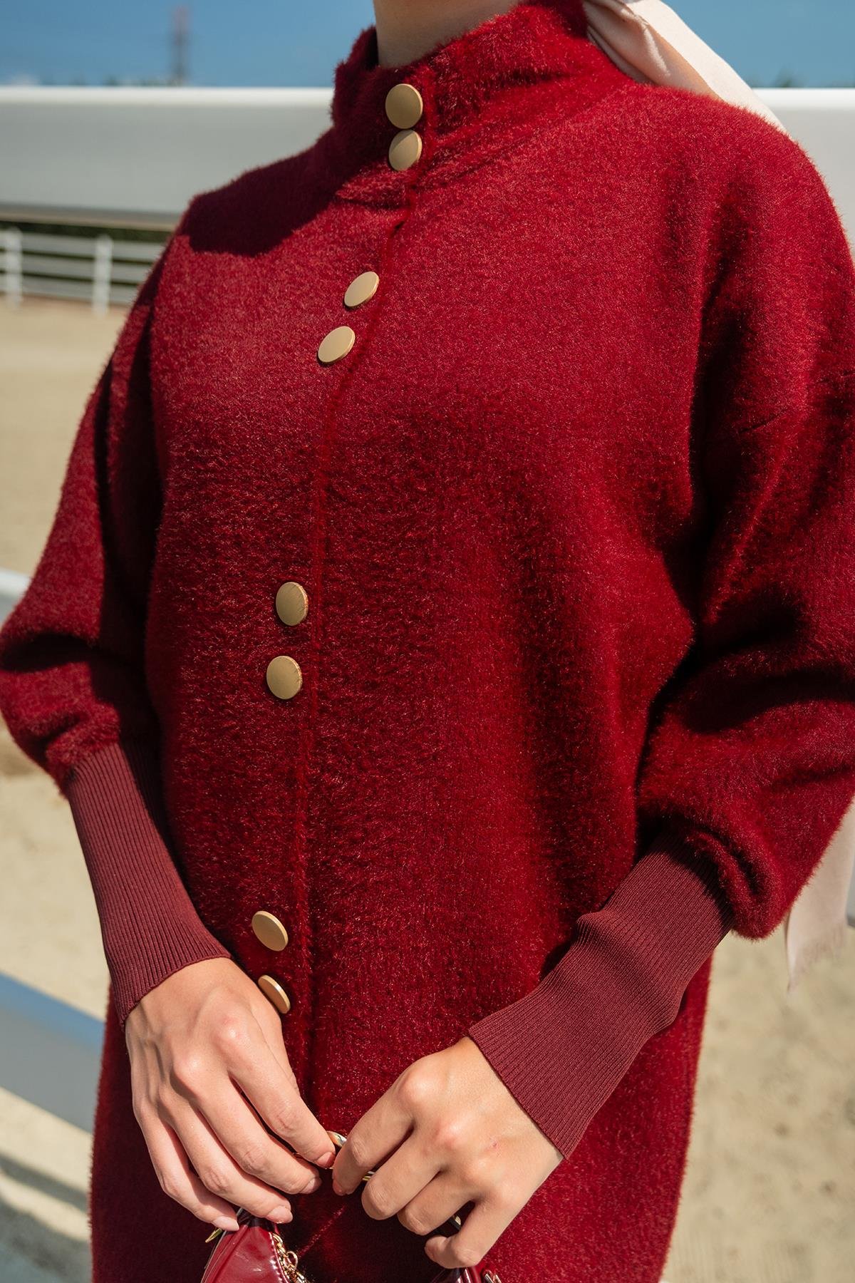Düğmeli Triko Ceket Bordo