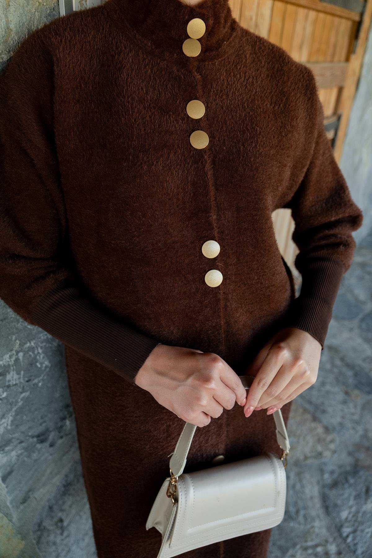 Düğmeli Triko Ceket Kahverengi