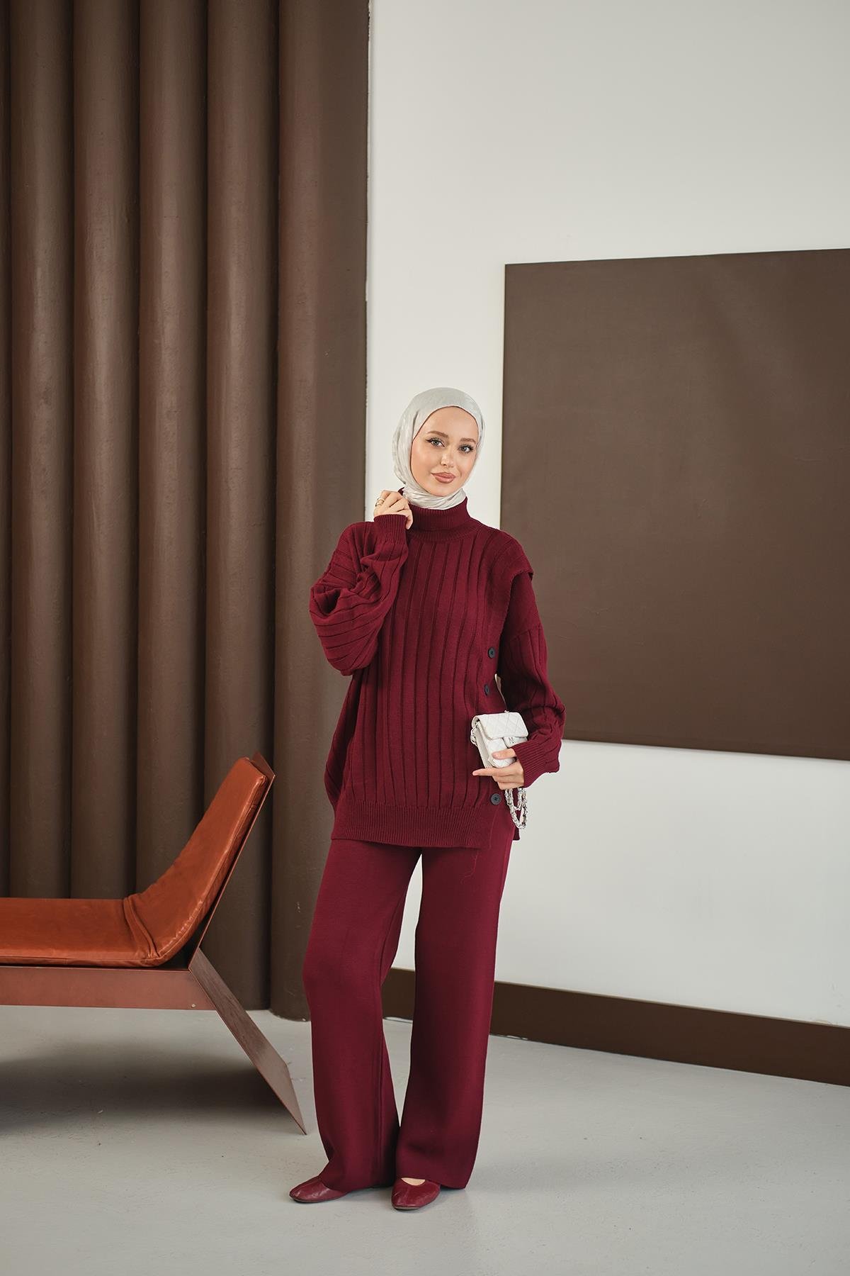 Düğmeli Triko Takım Bordo