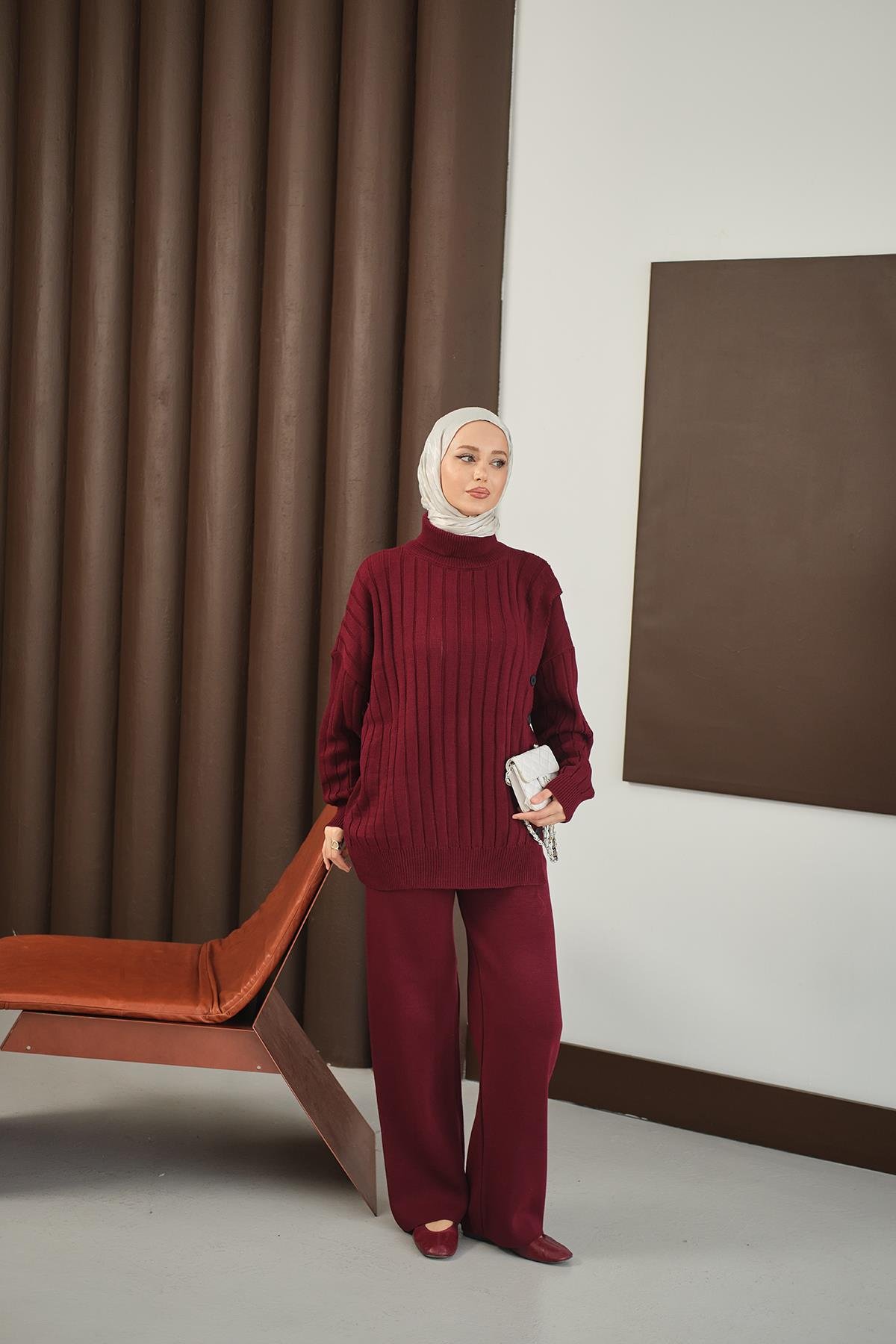 Düğmeli Triko Takım Bordo