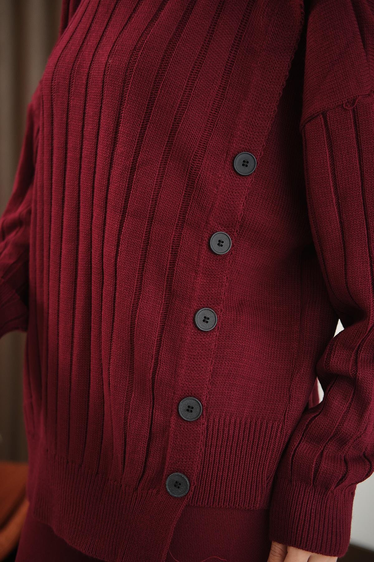 Düğmeli Triko Takım Bordo