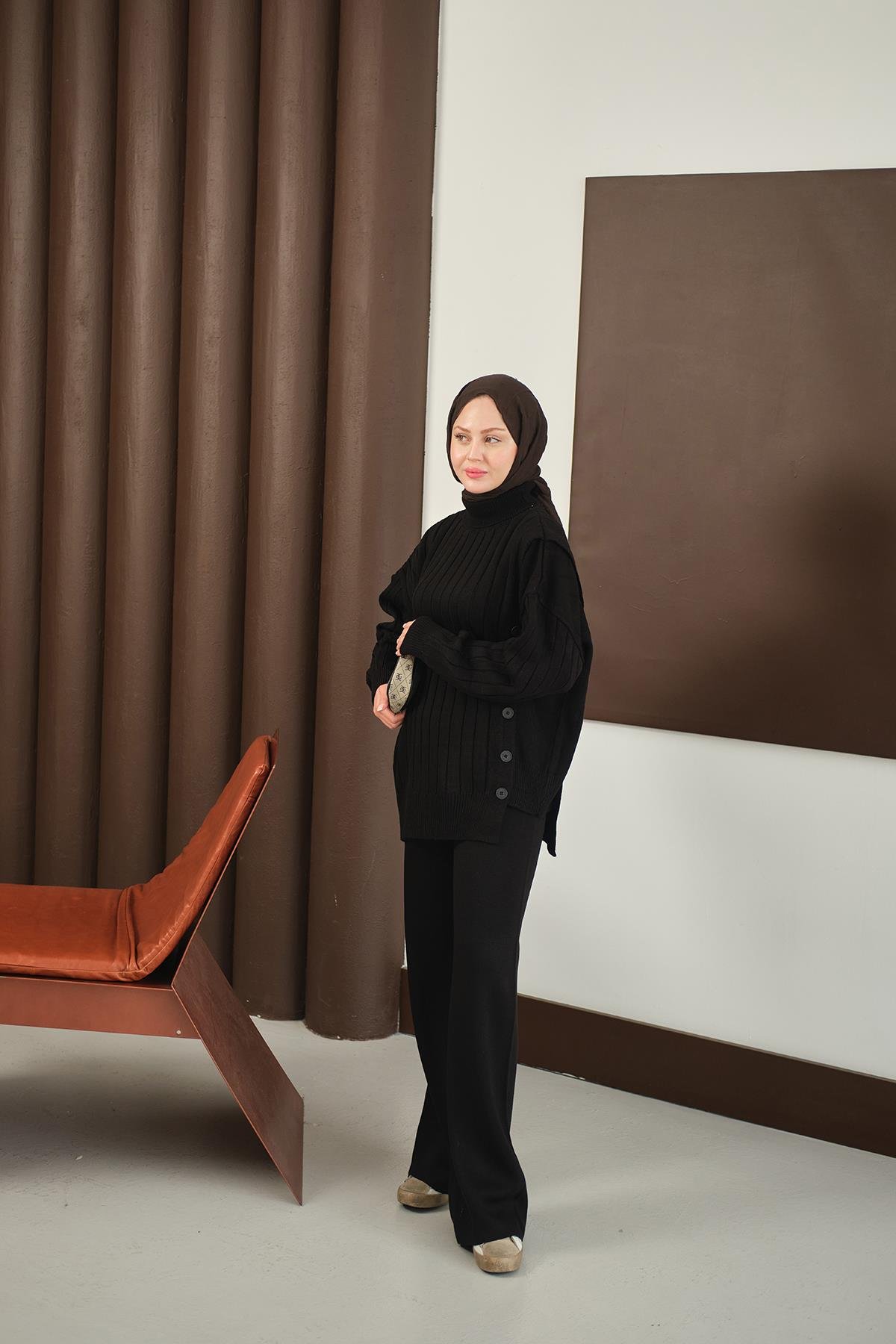 Düğmeli Triko Takım Siyah