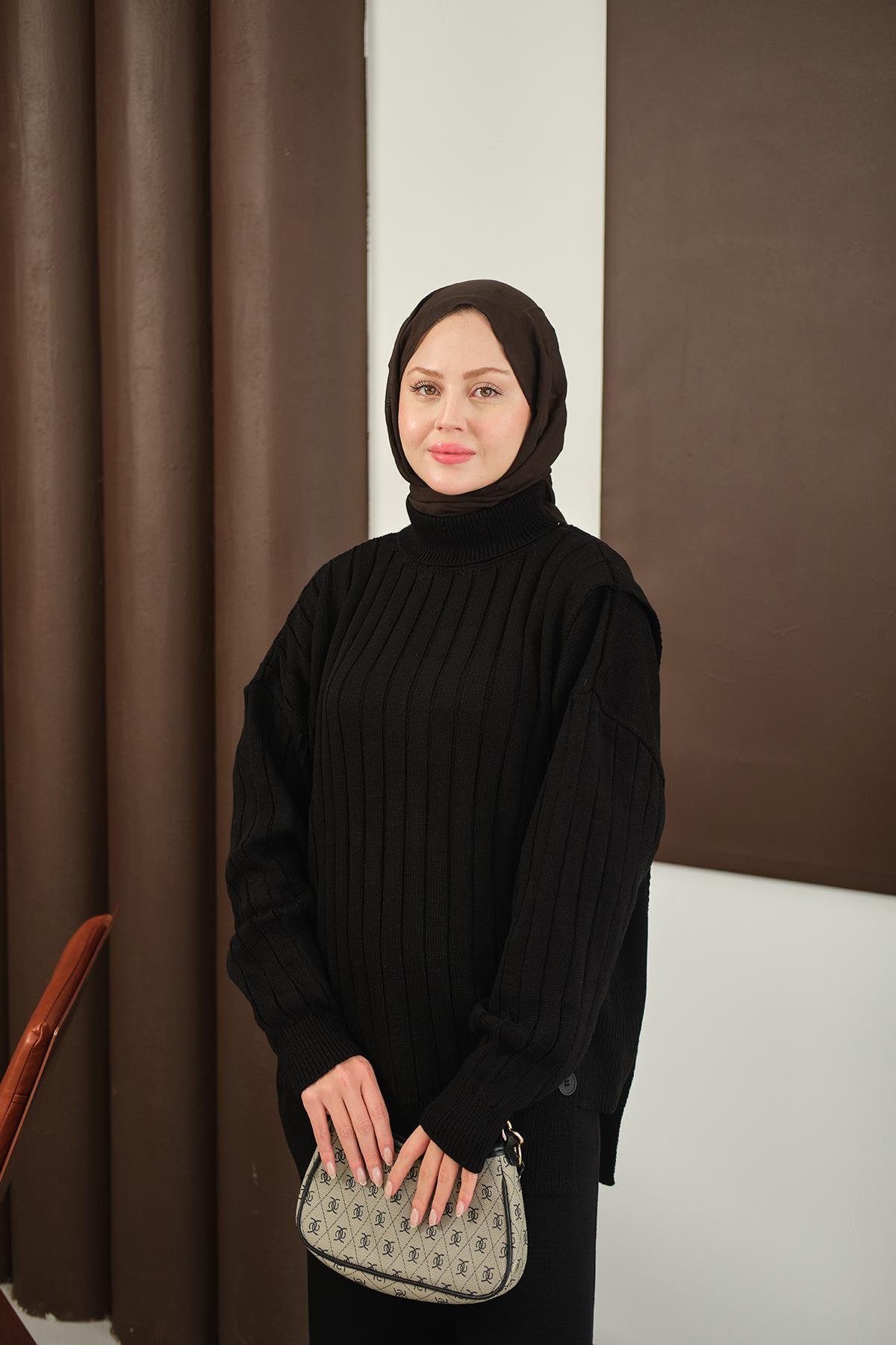 Düğmeli Triko Takım Siyah