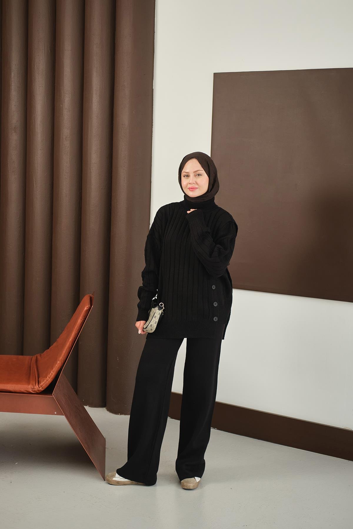 Düğmeli Triko Takım Siyah