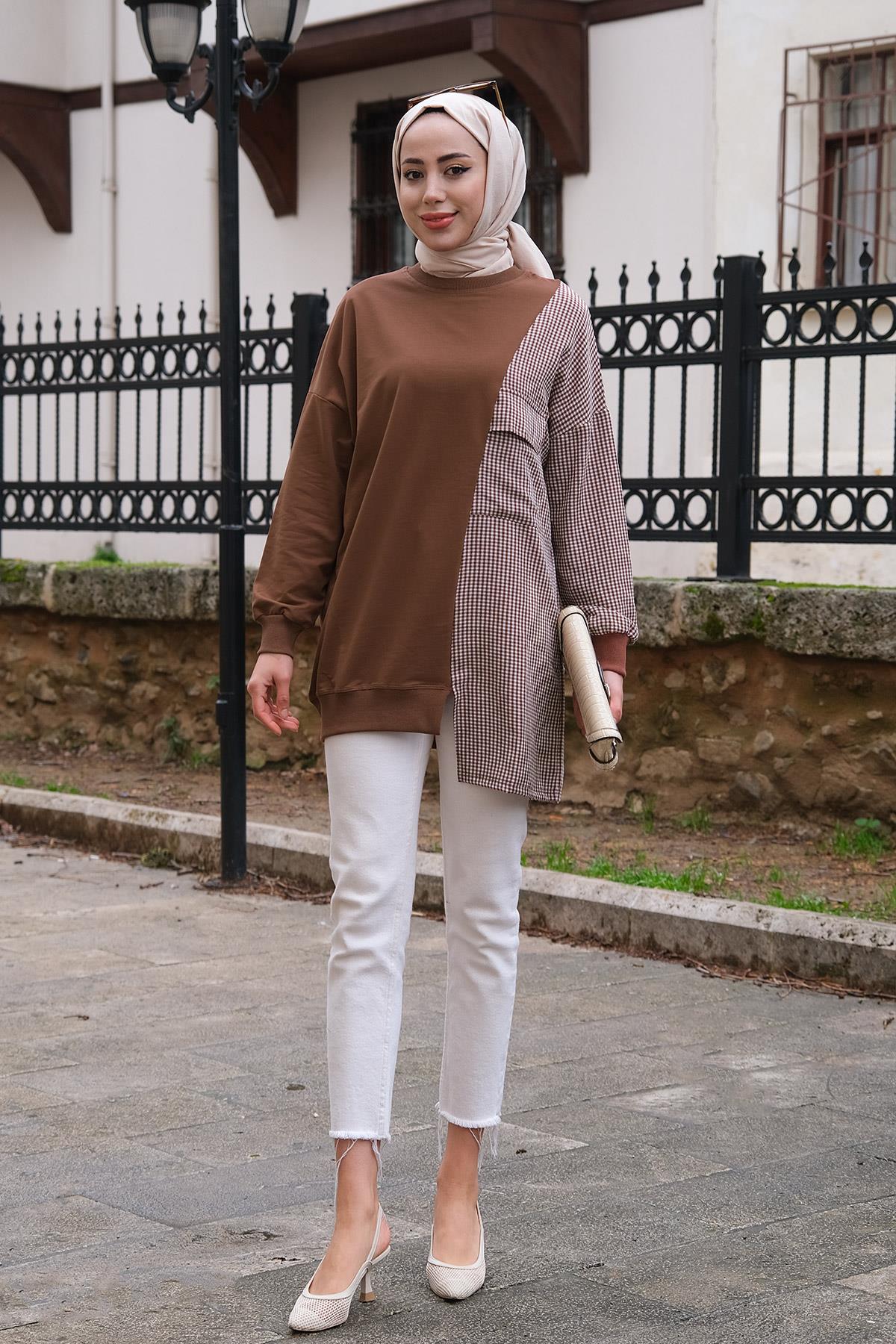 Ekose Cep Detaylı Tunik Kahverengi