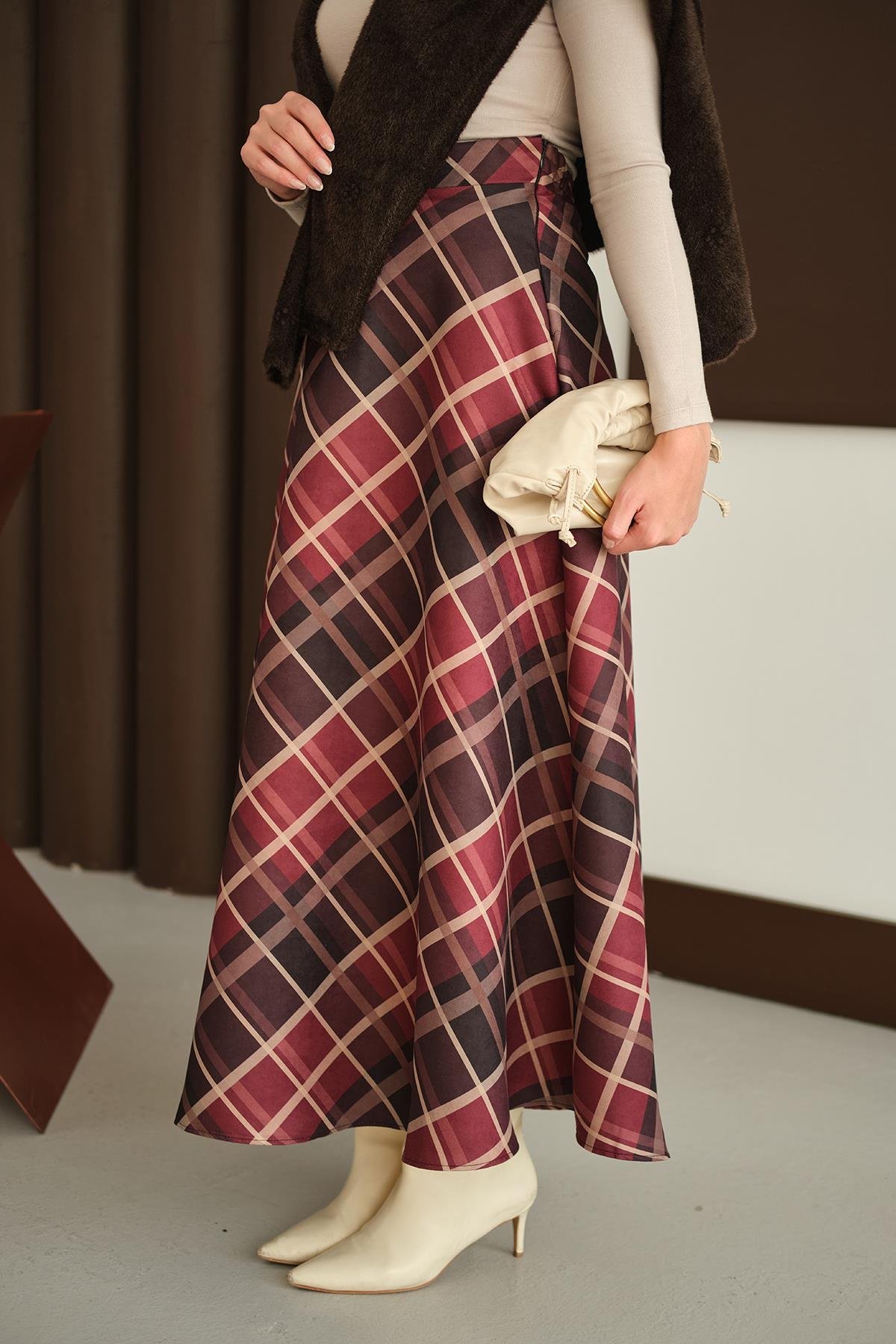 Ekose Desen Etek Bordo