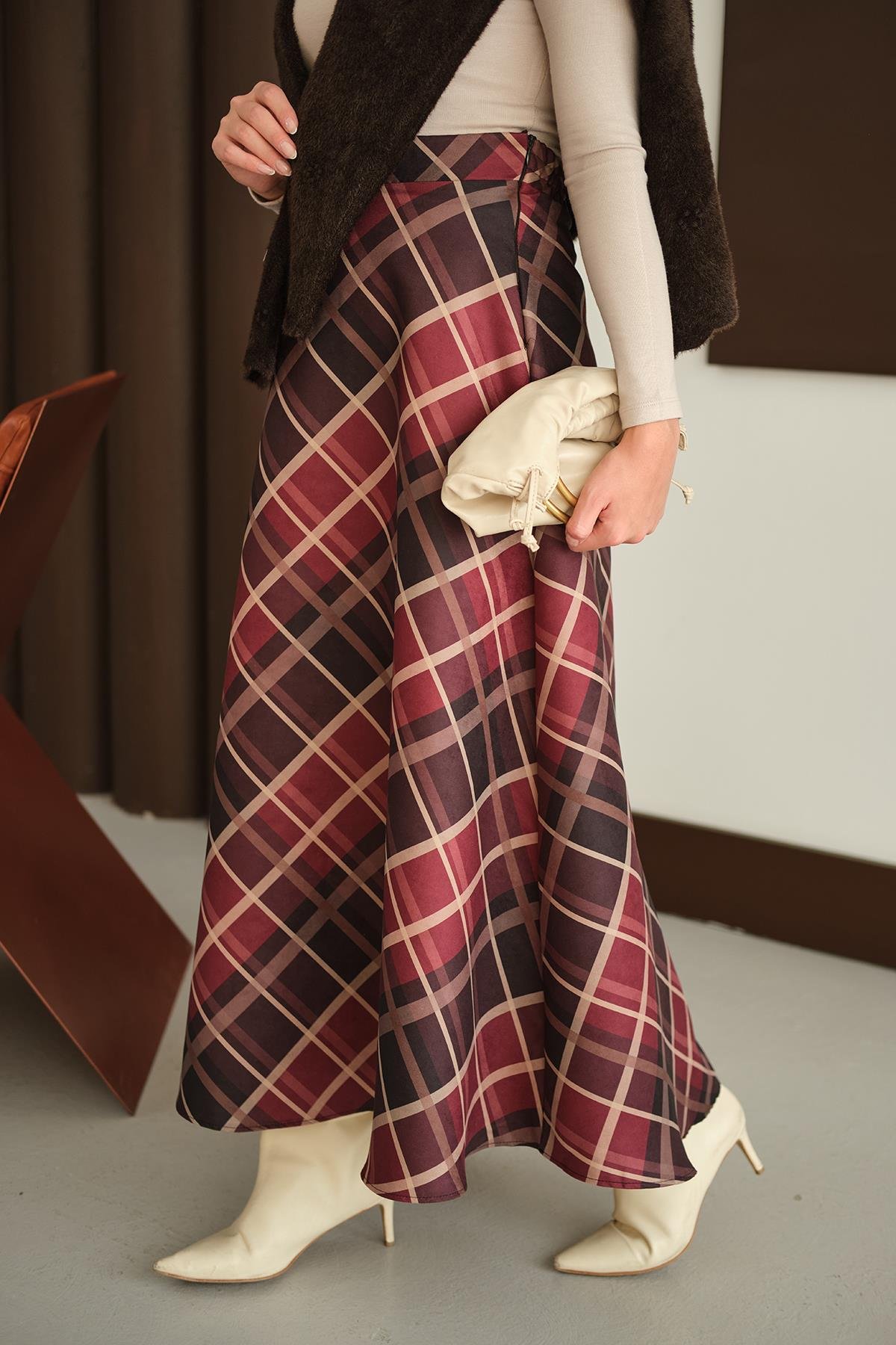 Ekose Desen Etek Bordo