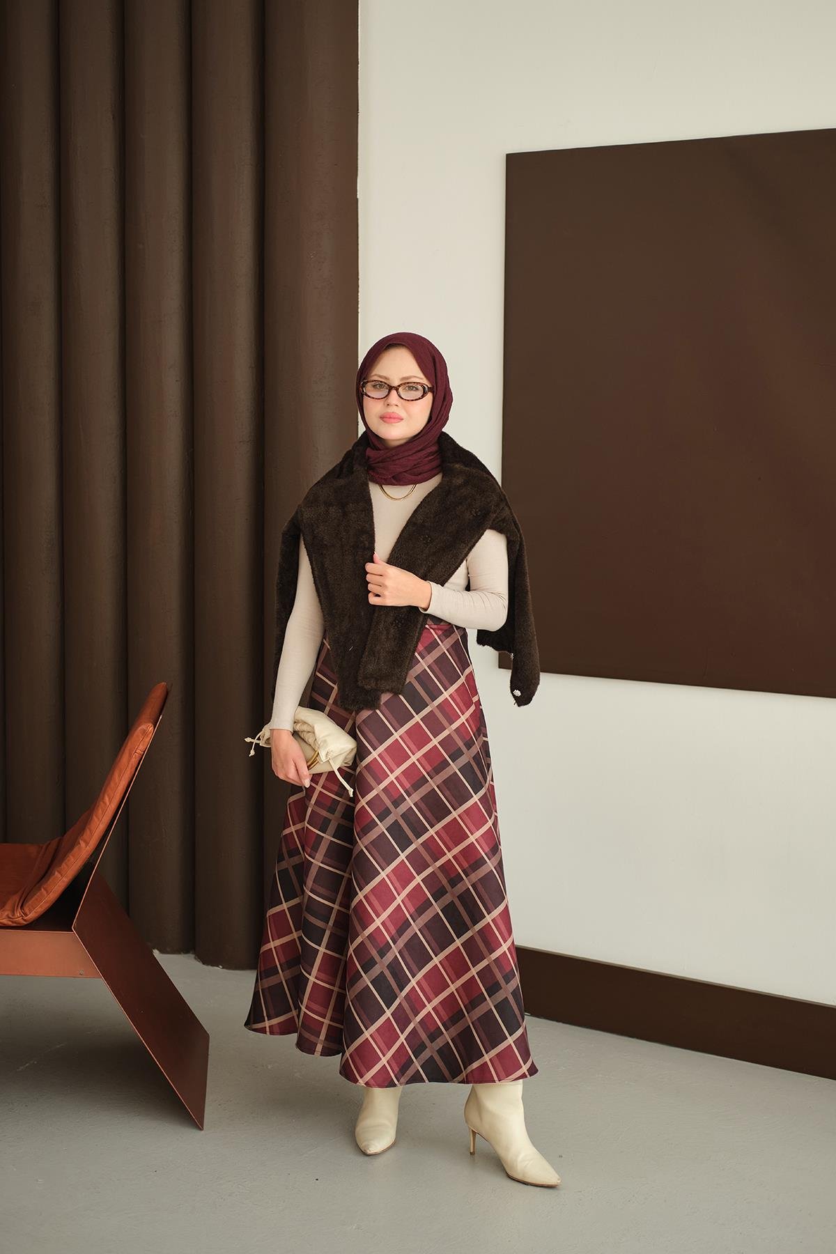 Ekose Desen Etek Bordo