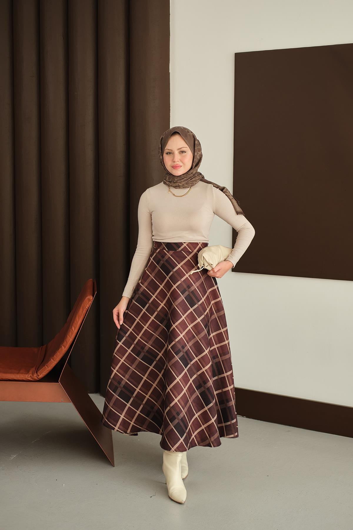 Ekose Desen Etek Kahverengi