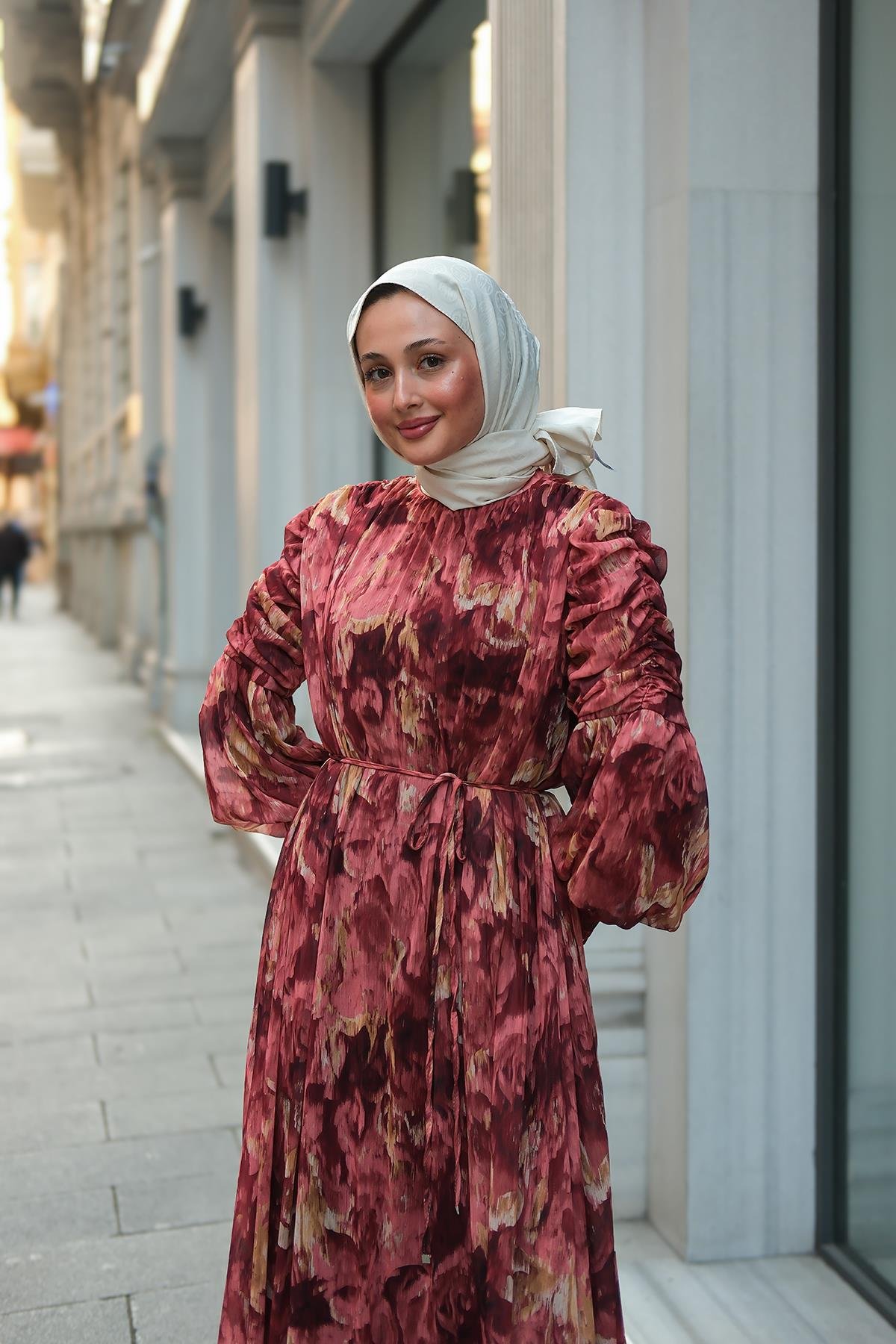 Empirme Desenli Dijital Elbise Kiremit