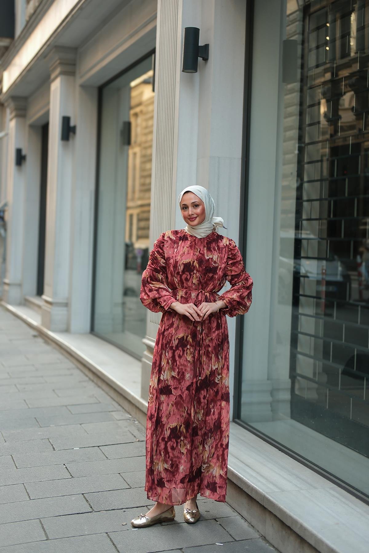 Empirme Desenli Dijital Elbise Kiremit