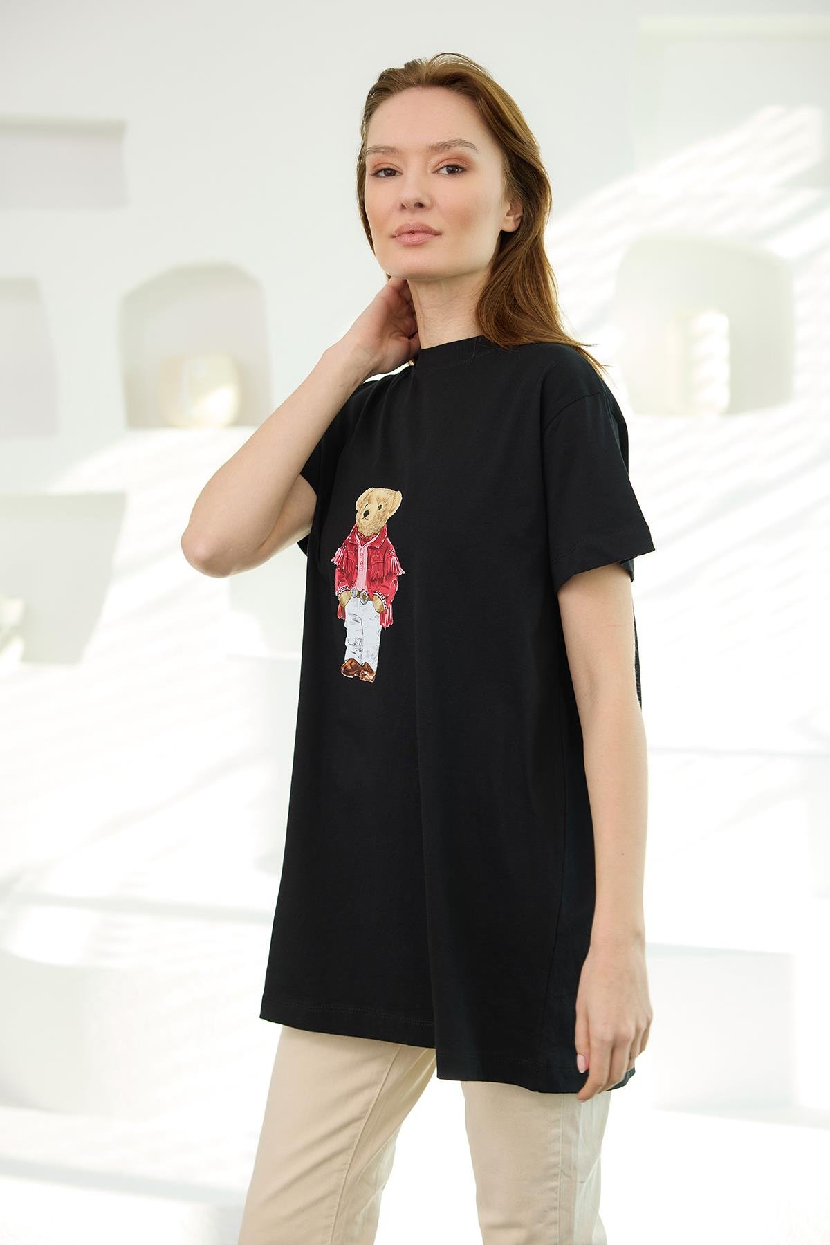 Erkek Ayıcık Baskılı Basic Kısa Kollu İçlik Siyah