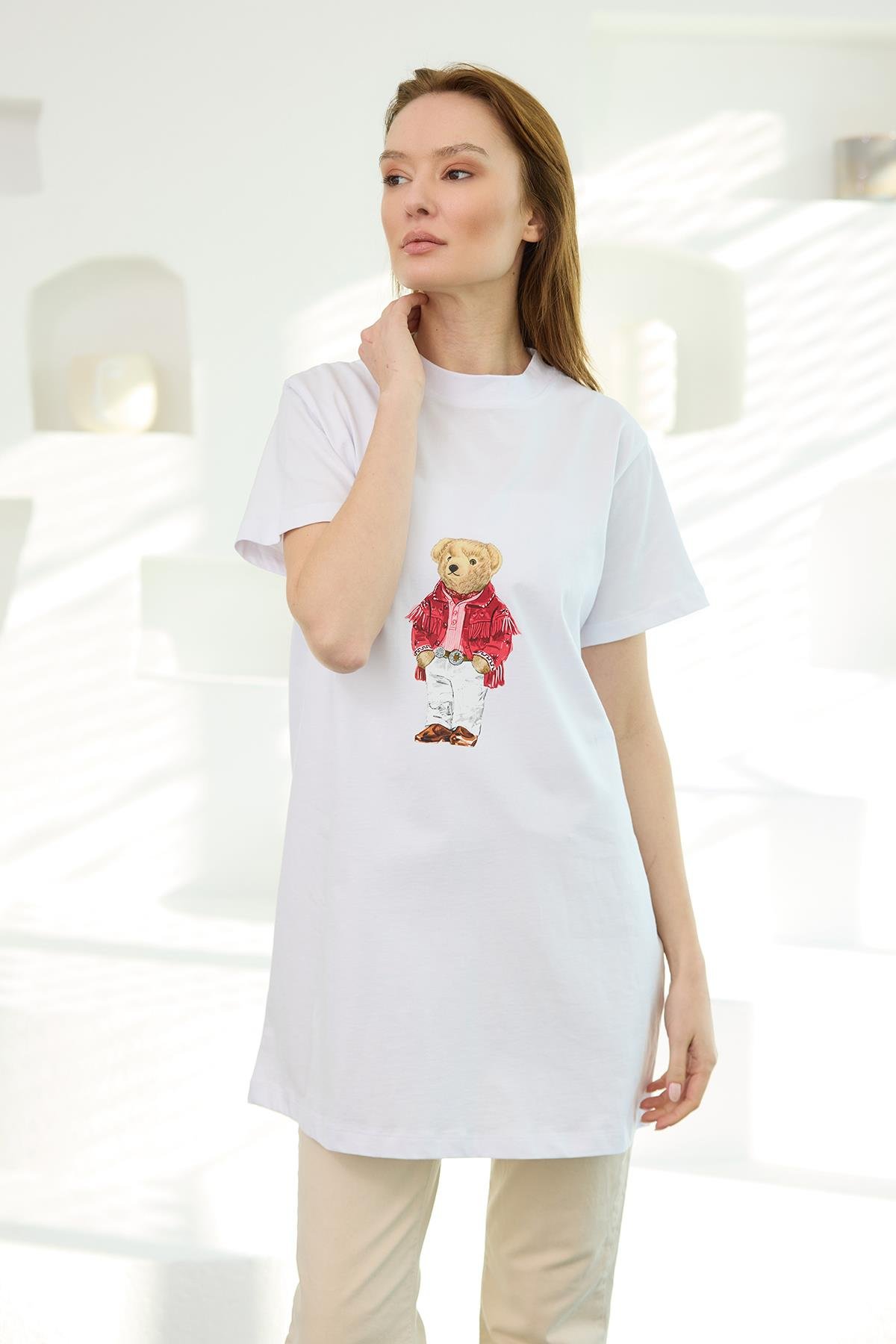 Erkek Ayıcık Baskılı Basic Kısa Kollu İçlik Beyaz