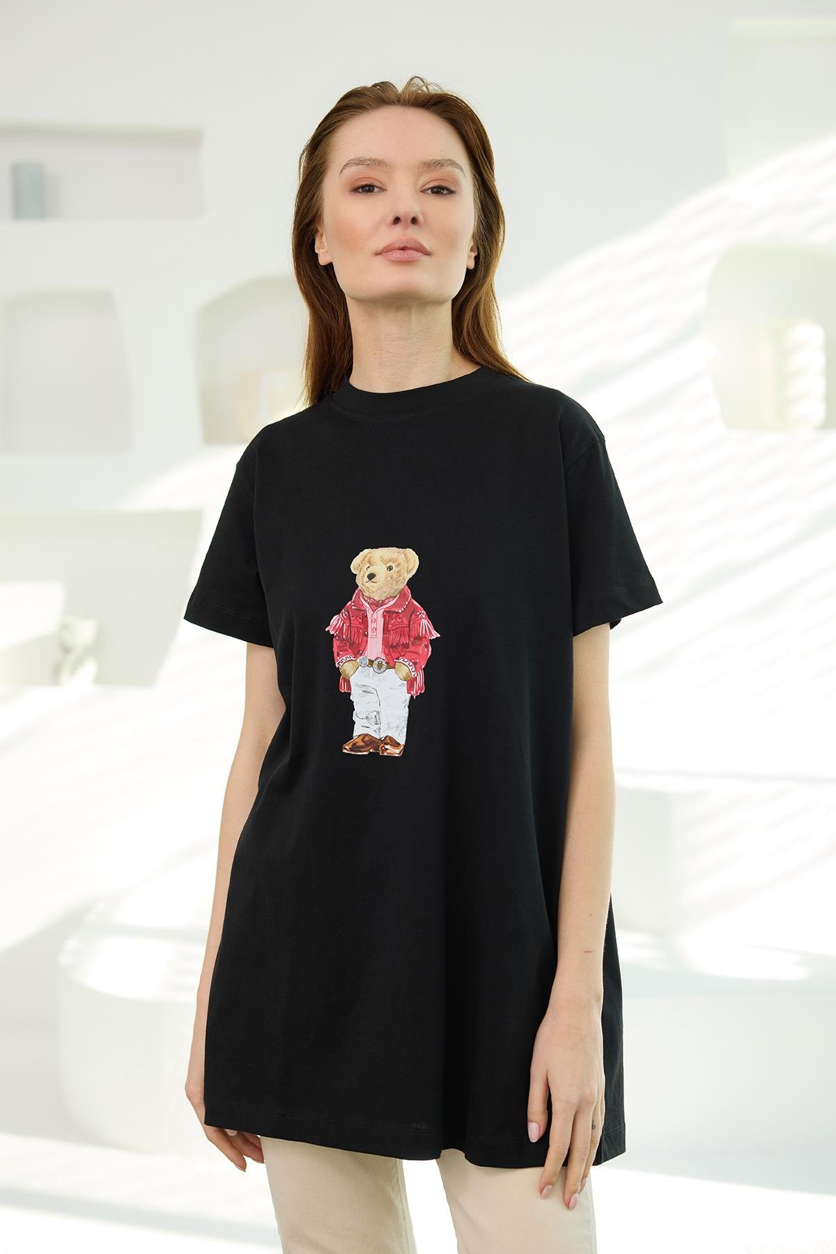 Erkek Ayıcık Baskılı Basic Kısa Kollu İçlik Siyah