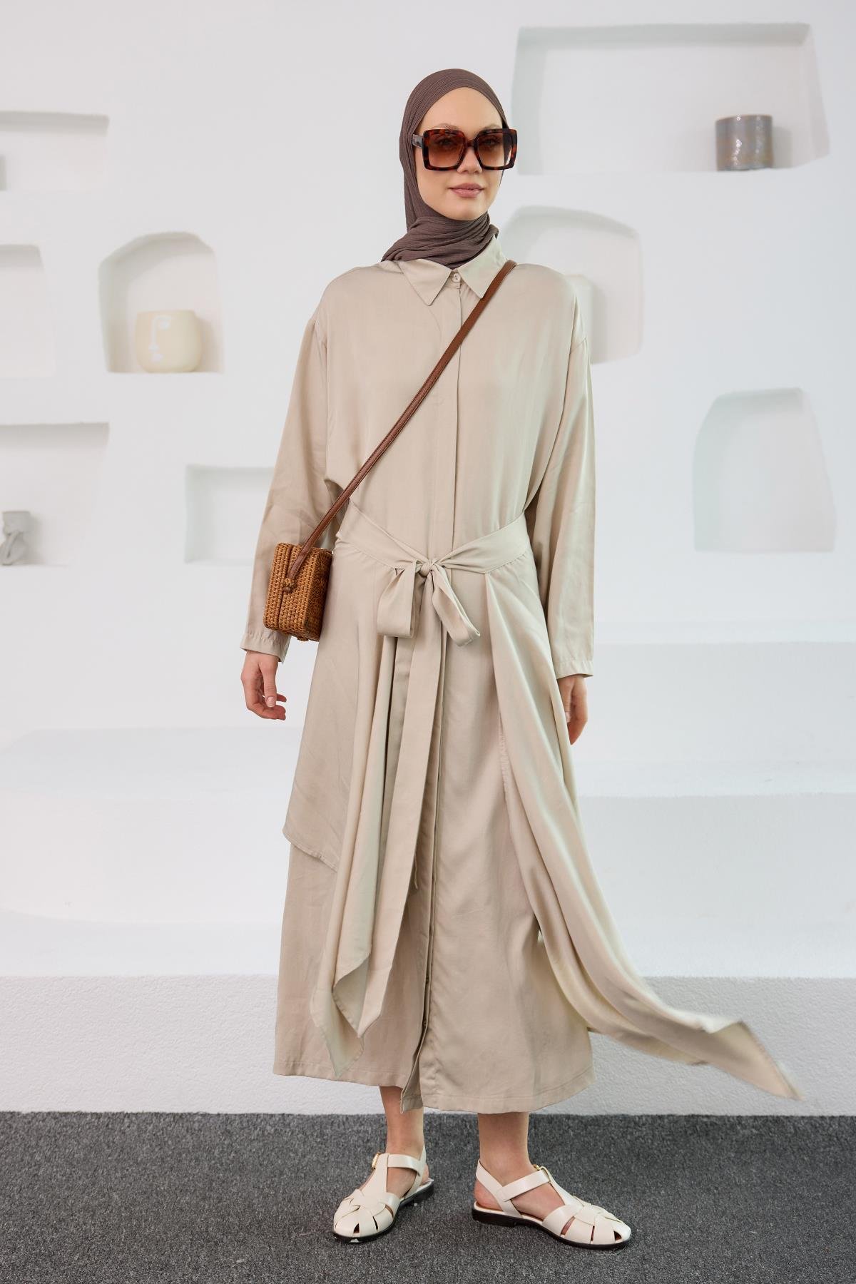 Eteği Bağlamalı Elbise Krem