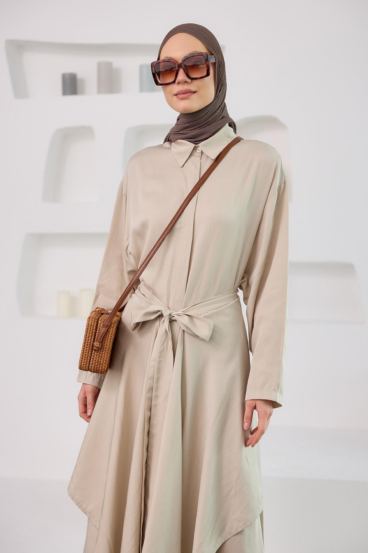 Eteği Bağlamalı Elbise Krem