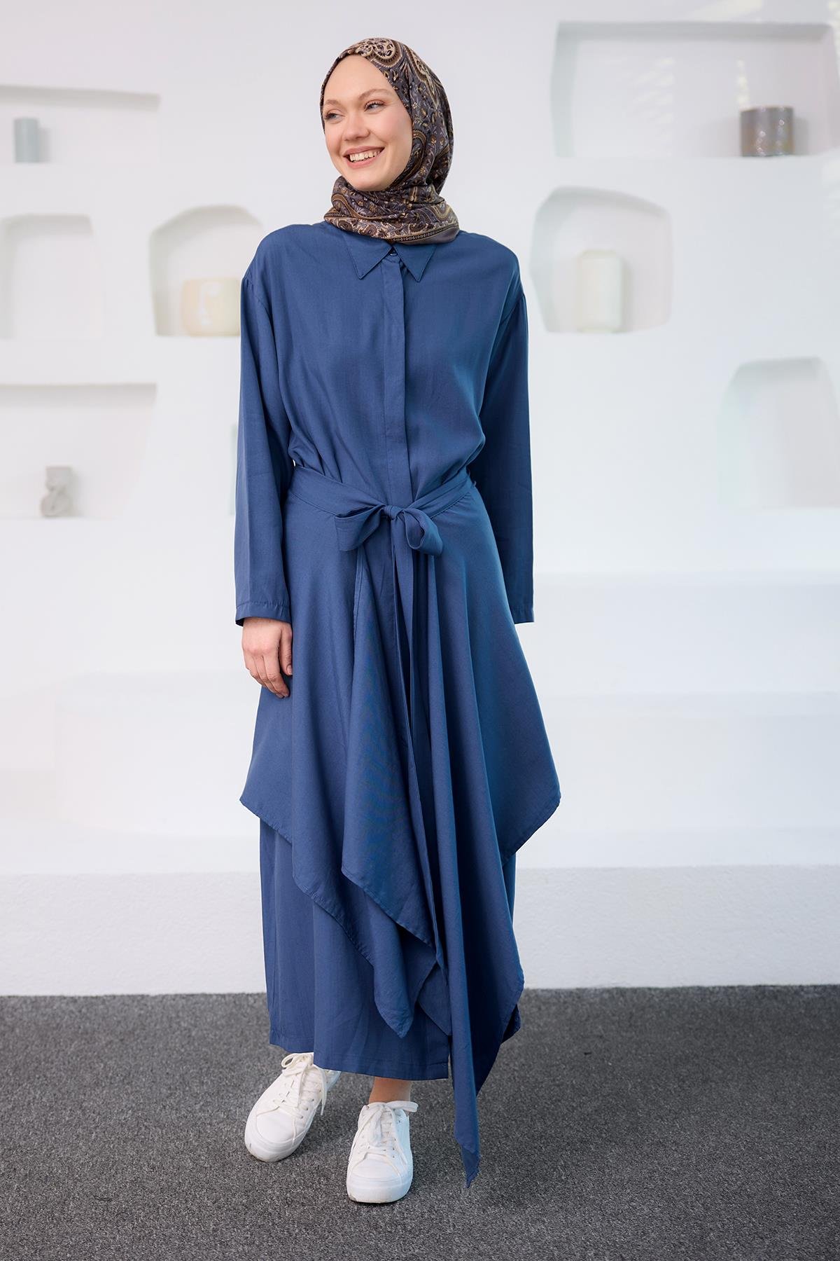 Eteği Bağlamalı Elbise Mavi