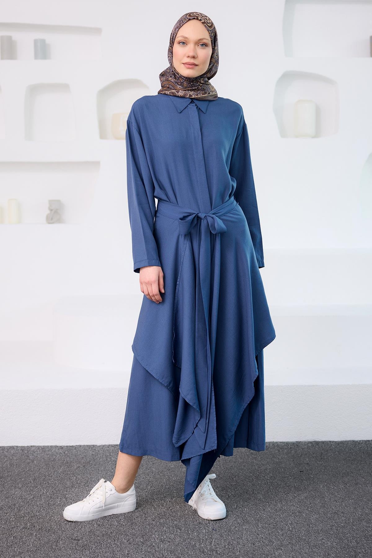 Eteği Bağlamalı Elbise Mavi