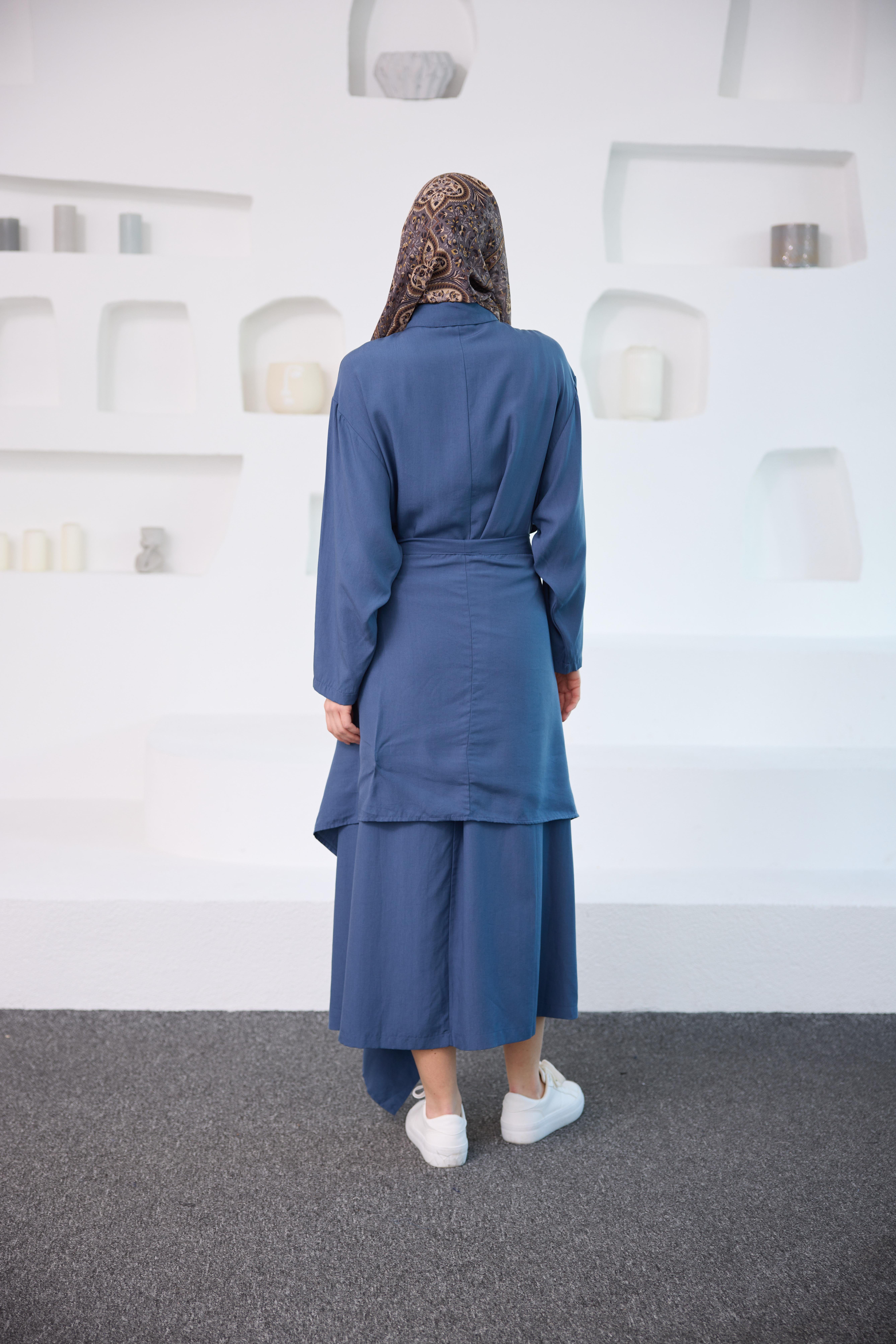 Eteği Bağlamalı Elbise Mavi