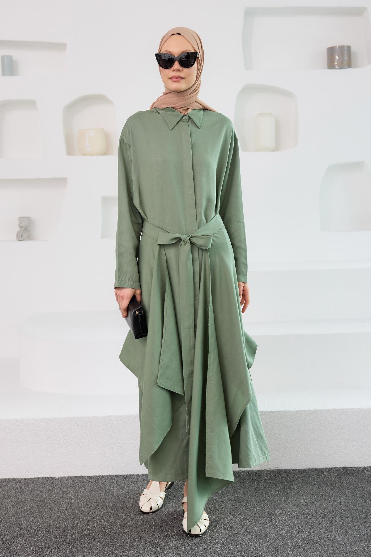 Eteği Bağlamalı Elbise Yeşil