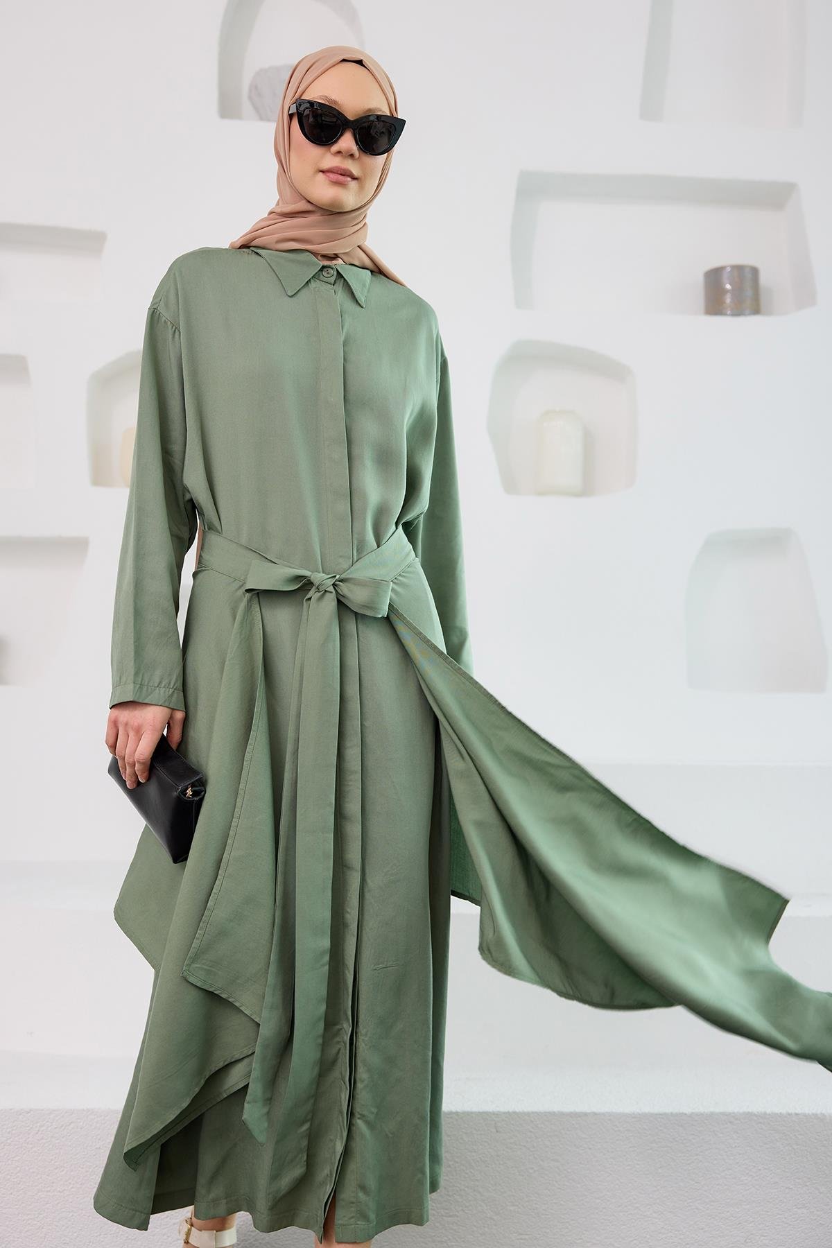 Eteği Bağlamalı Elbise Yeşil