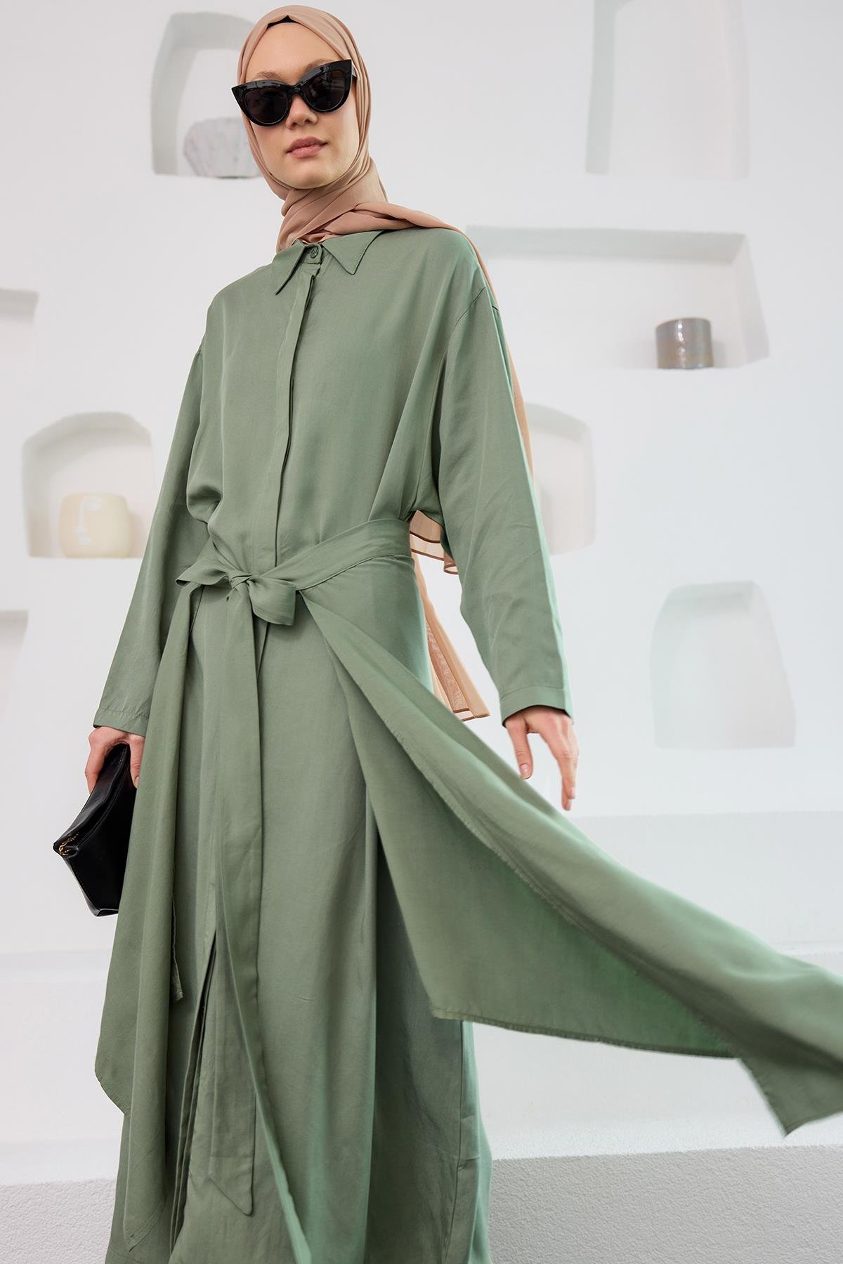 Eteği Bağlamalı Elbise Yeşil