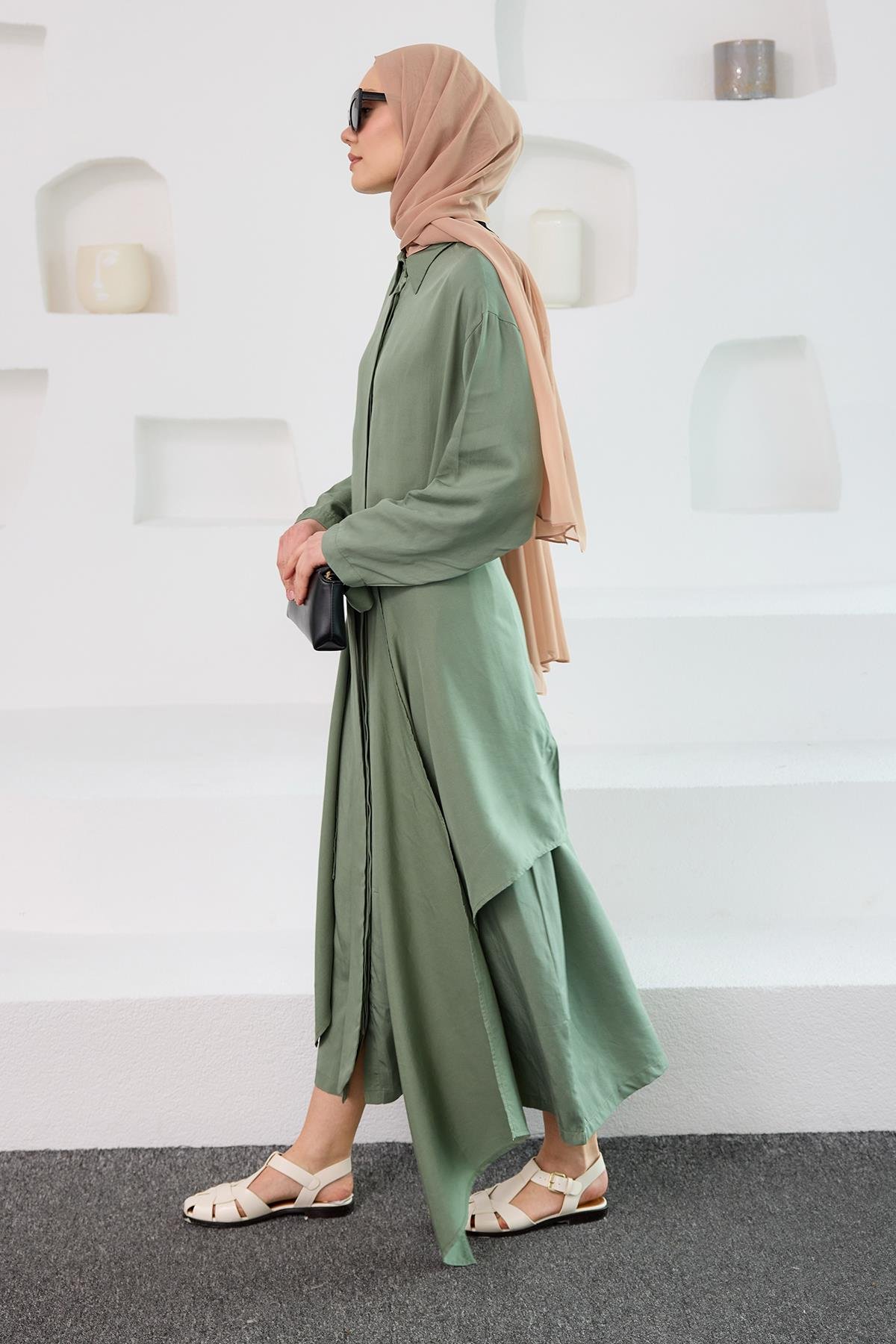 Eteği Bağlamalı Elbise Yeşil