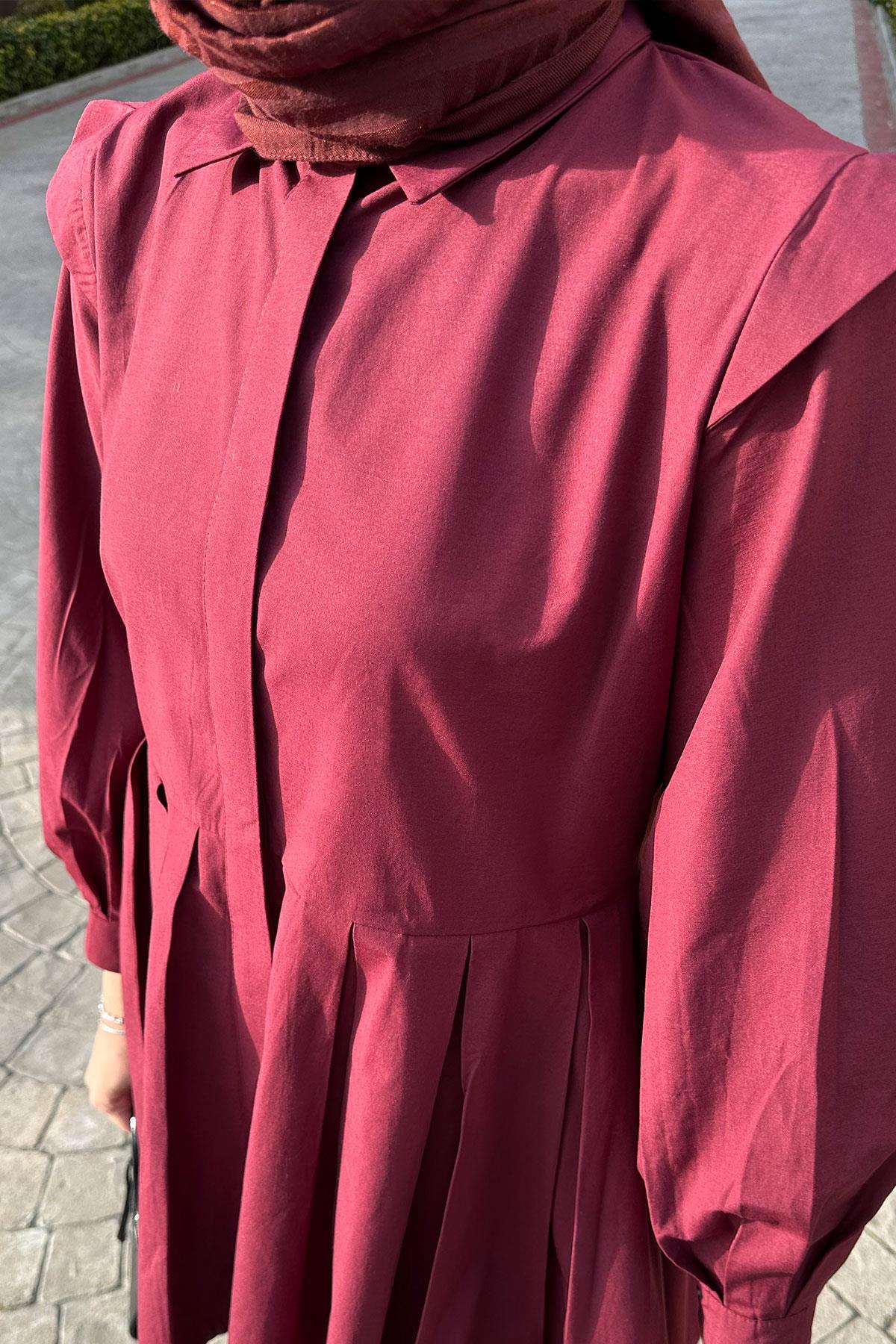 Eteği Pile Detaylı Gömlek  Bordo