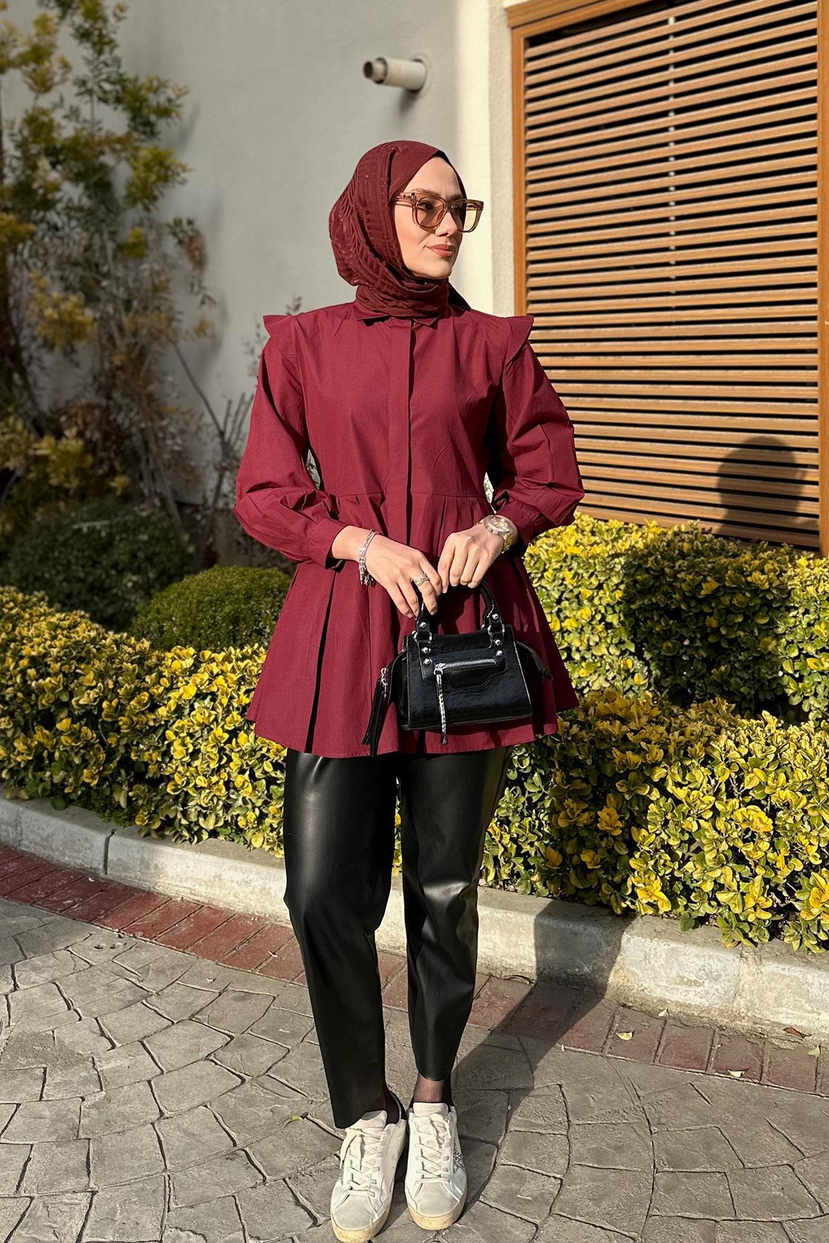 Eteği Pile Detaylı Gömlek  Bordo