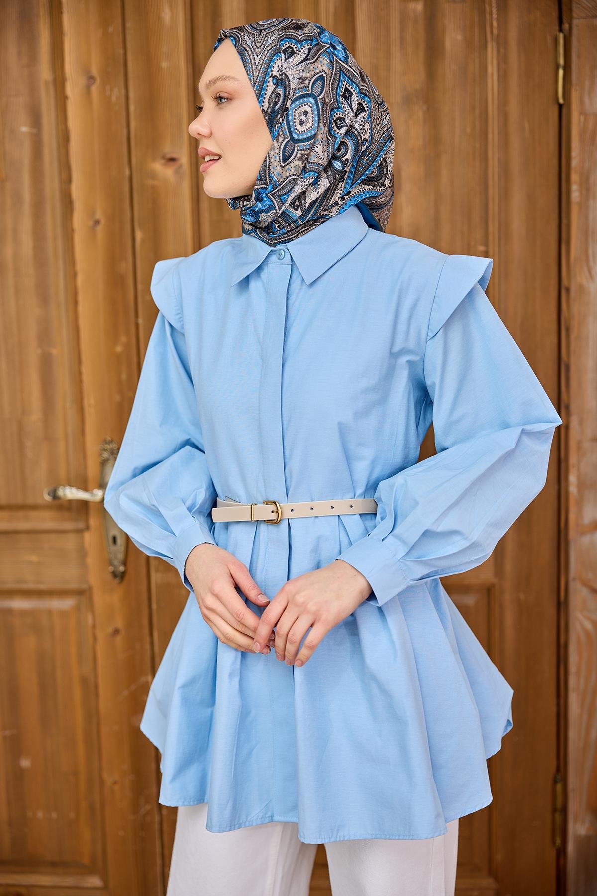 Eteği Pile Detaylı Gömlek  Mavi