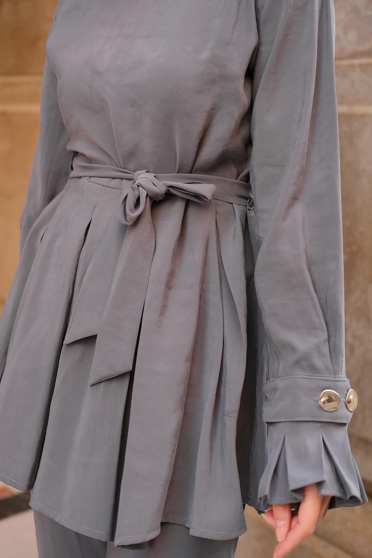 Eteği Pileli Armani Modal Takım Gri