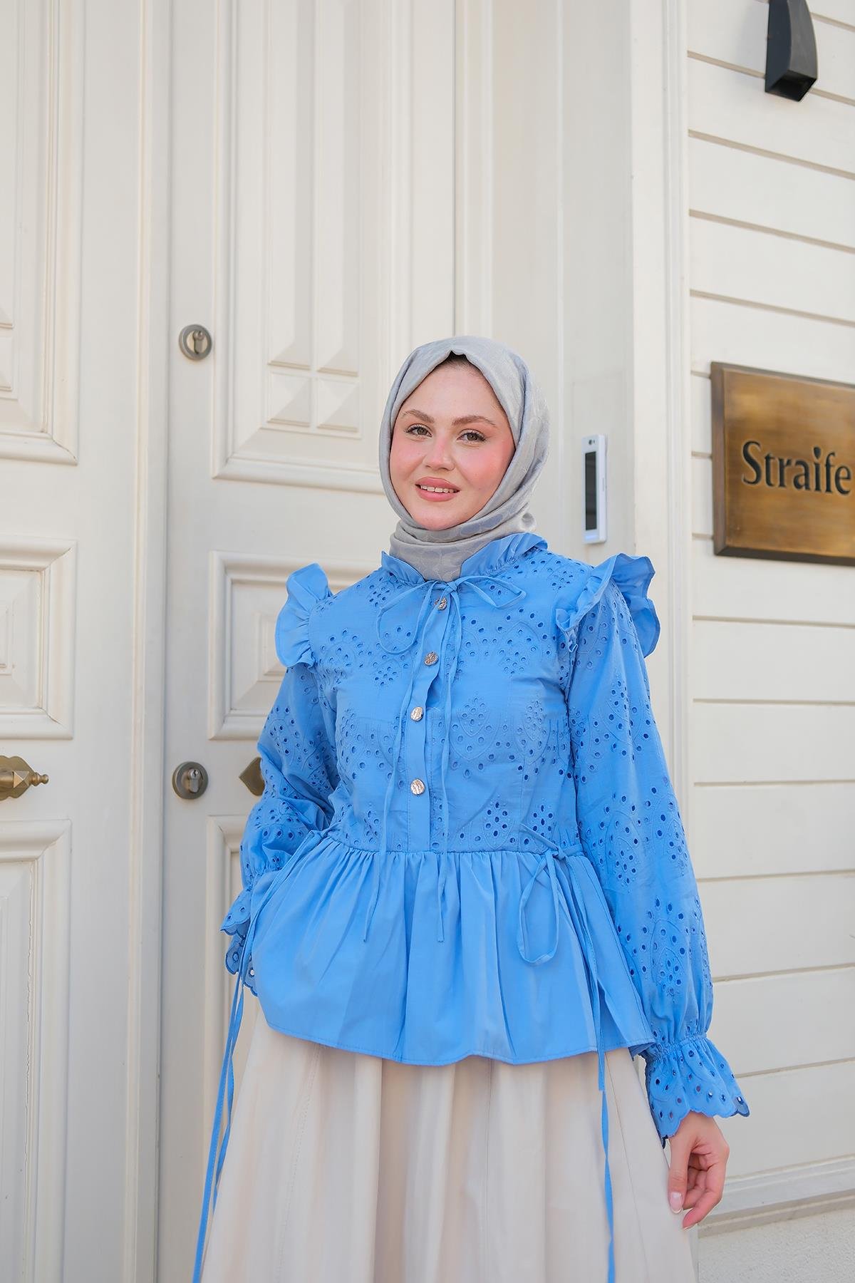 Eteği Pileli Gömlek Mavi