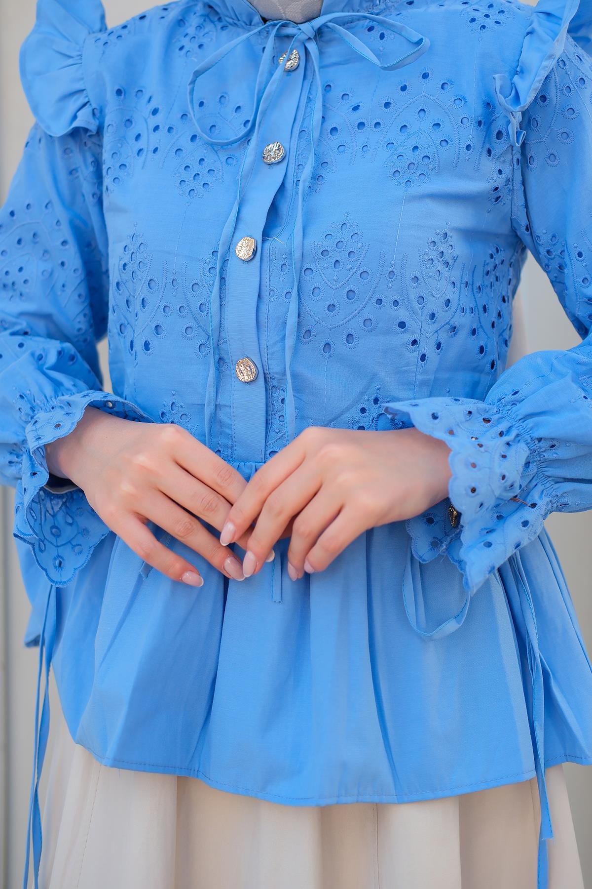 Eteği Pileli Gömlek Mavi