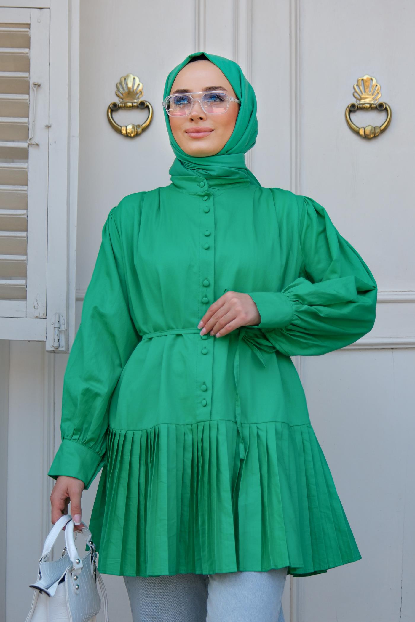 Eteği Piliseli Gömlek Benetton Yeşil