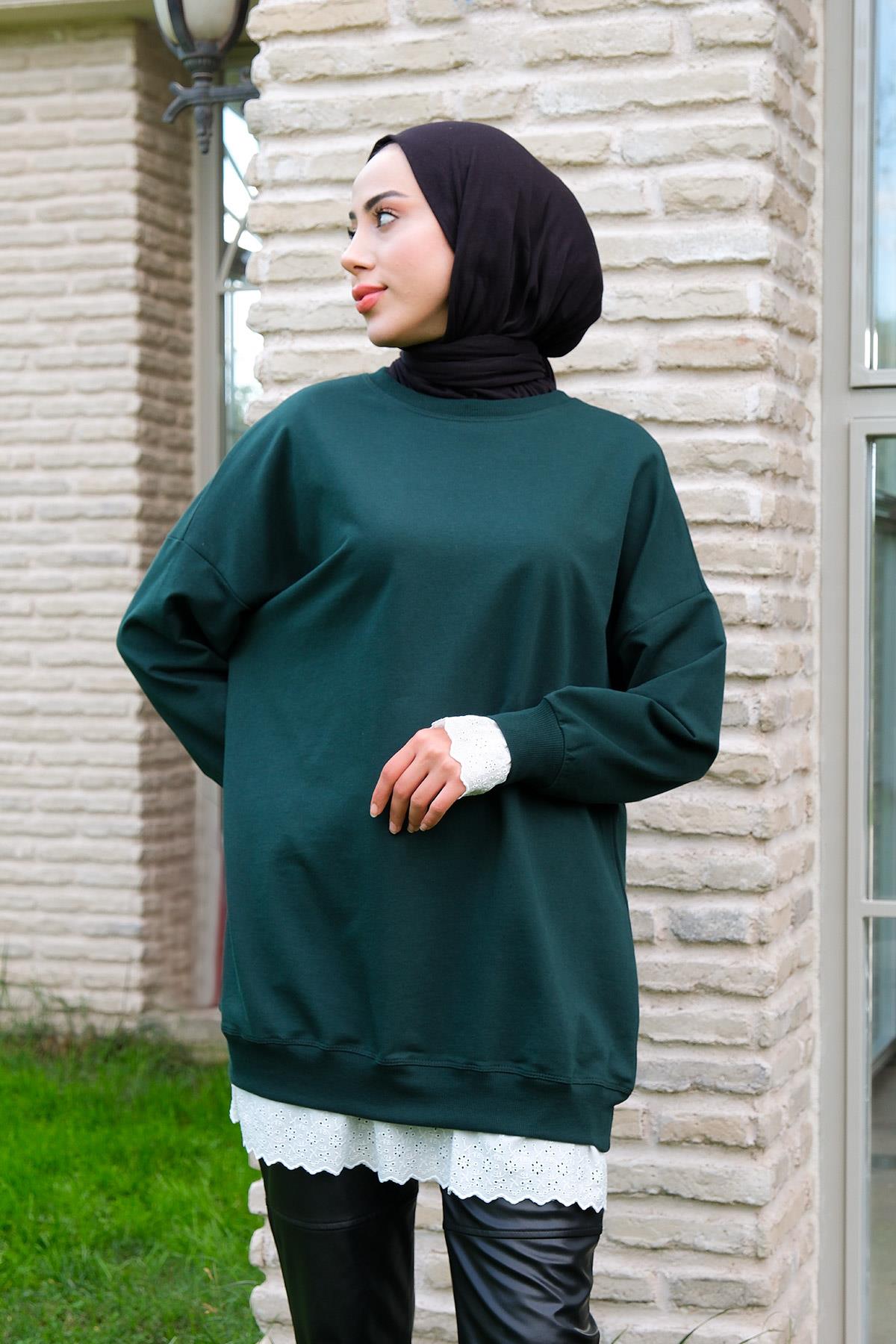 Etek Ve Kol Kısmı Dantelli Bisiklet Yaka Tunik Zümrüt Yeşil