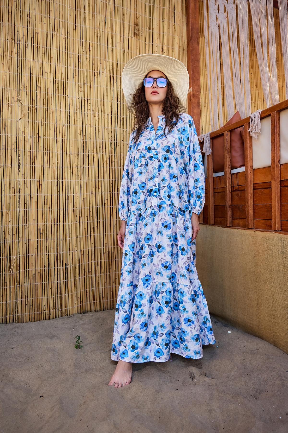 Etnik Çicek Desenli Elbise Mavi